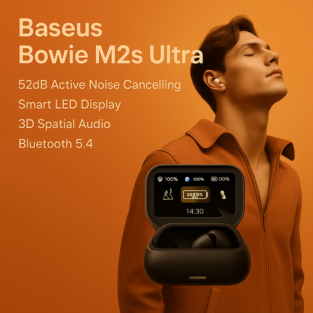 Baseus Bowie M2s Ultra wireless earbuds with smart LED display case showing battery status, worn by person in orange jacket against matching orange background, featuring 52dB Active Noise Cancelling, Smart LED Display, 3D Spatial Audio, and Bluetooth 5.4