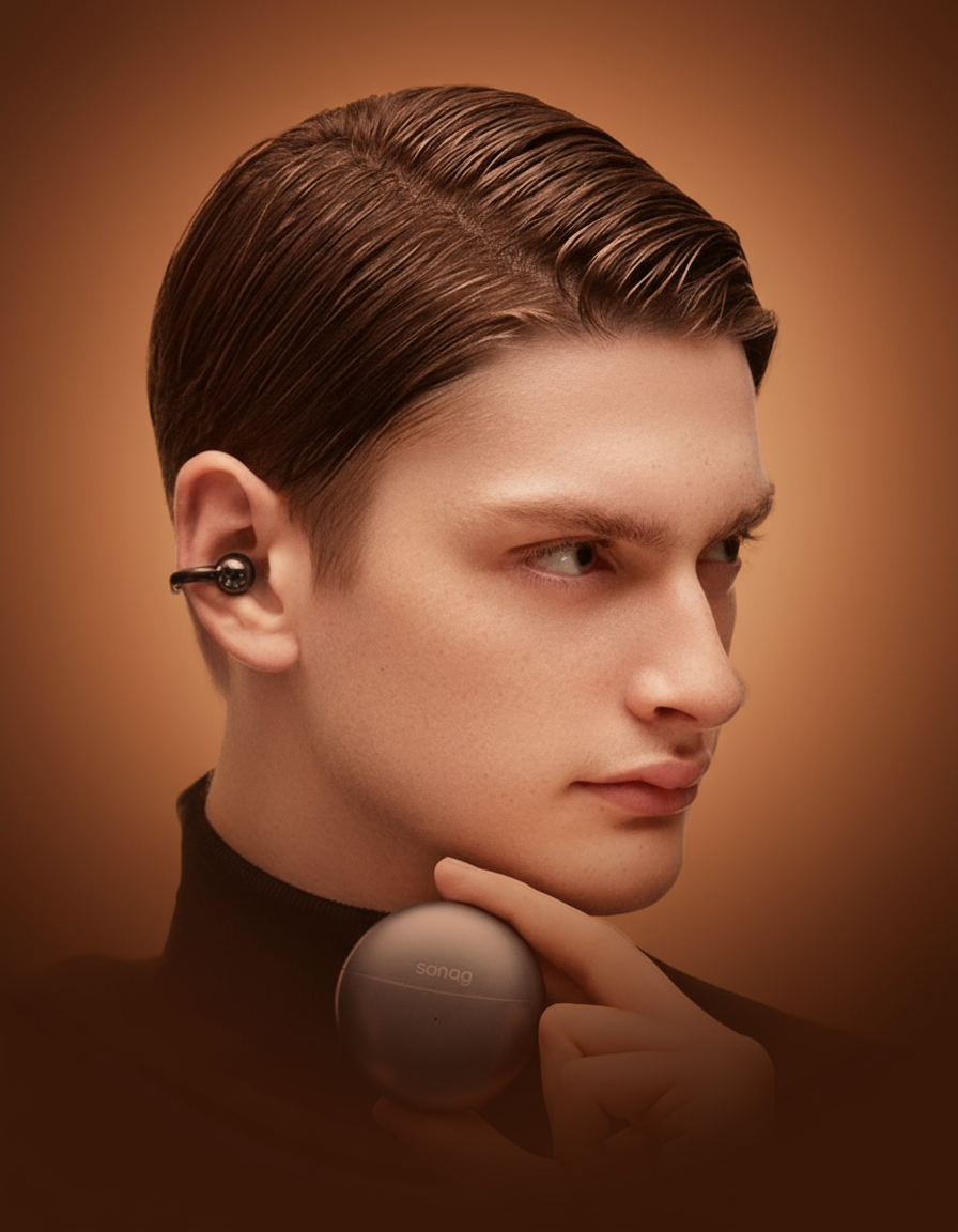 Product slide with mint green earbuds using the same gradient background and design elements