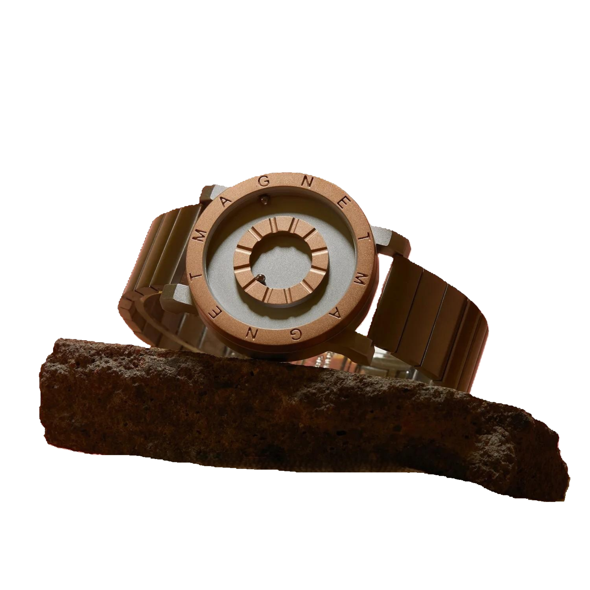 Wristwatch with brown strap and rose gold case on a white background