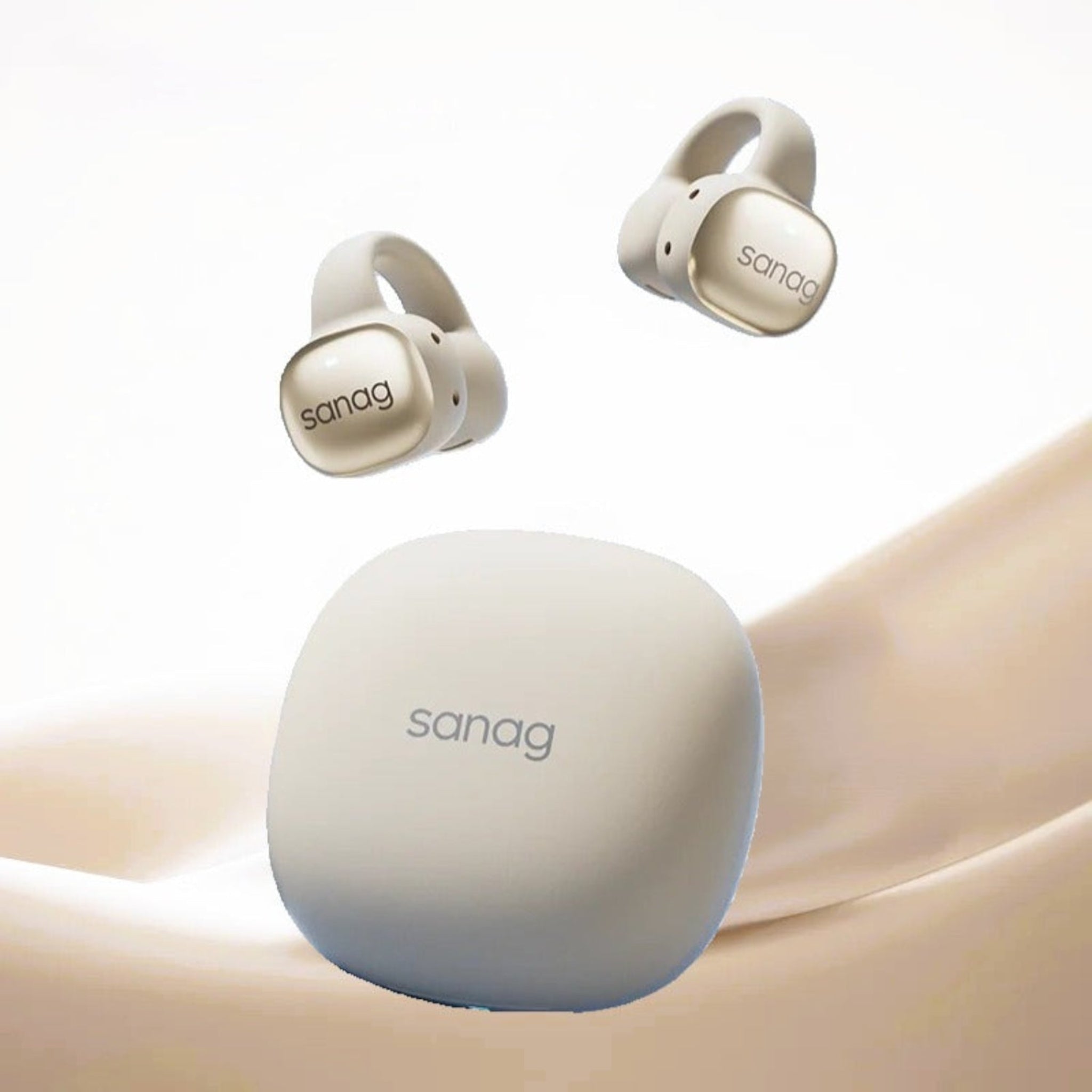 A pair of Sanag S5S HD Audio Wireless Earphones in silver color, with a charging case displayed below.