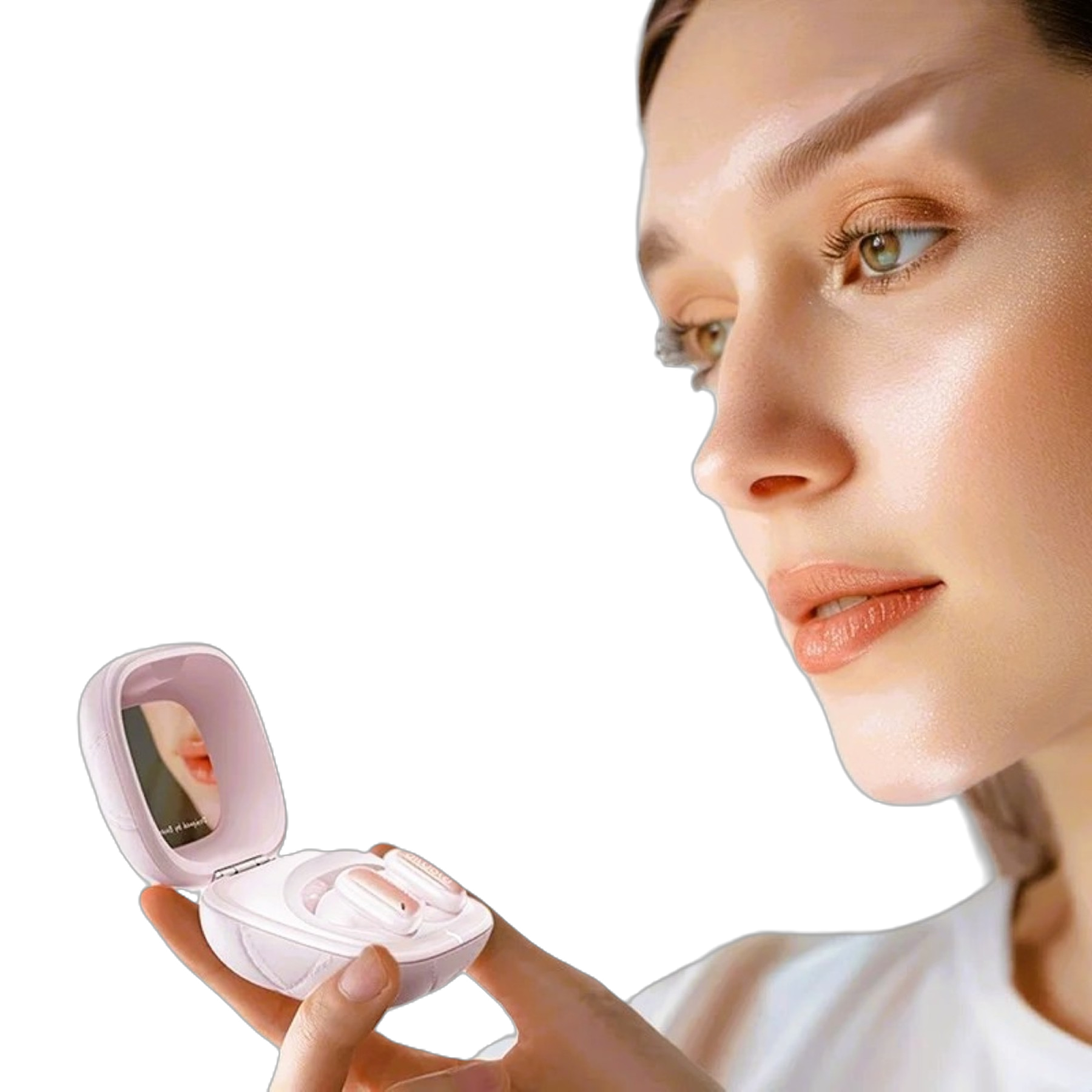 Woman holding a compact mirror with a white background