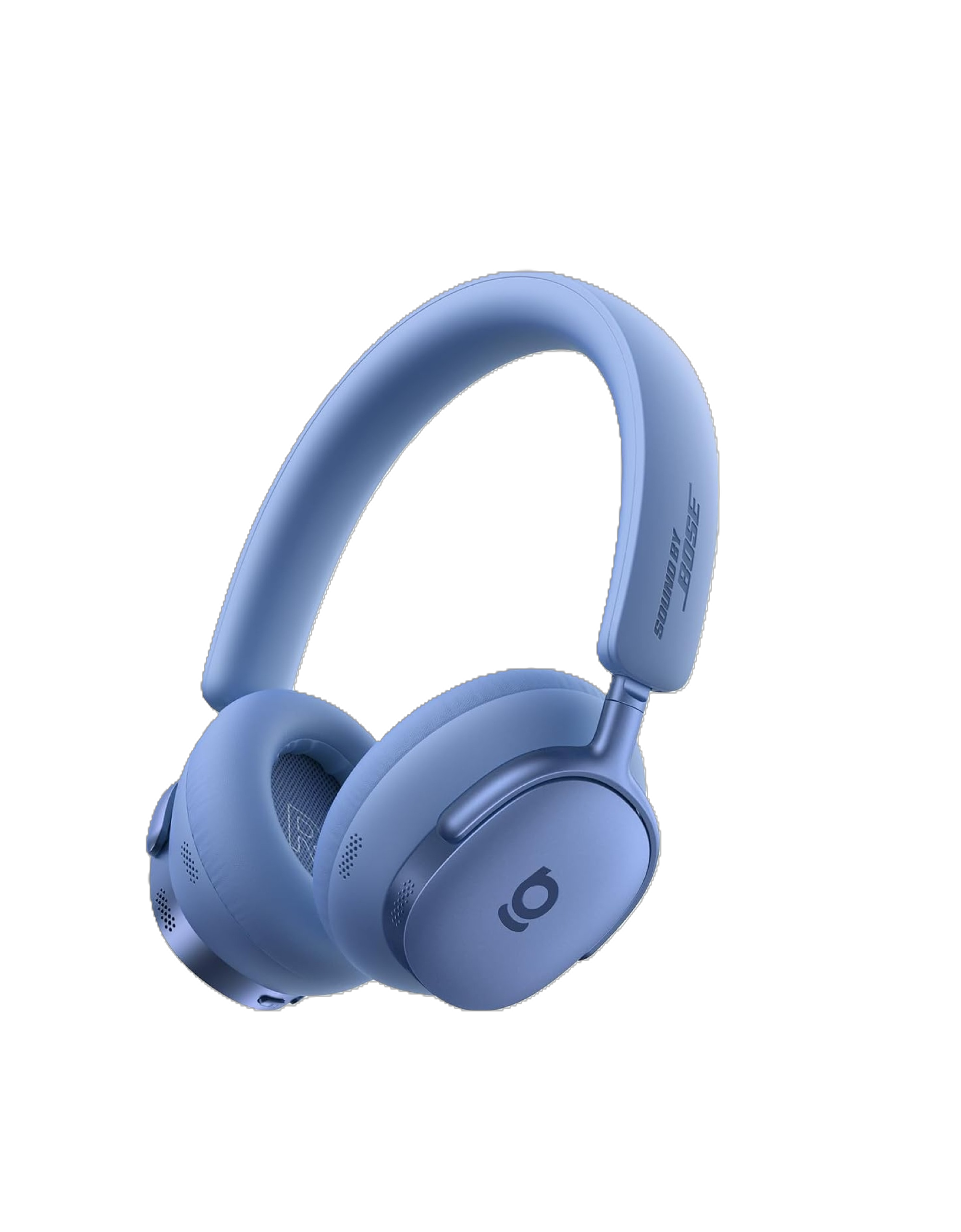 Blue headphones with a brand logo on a white background