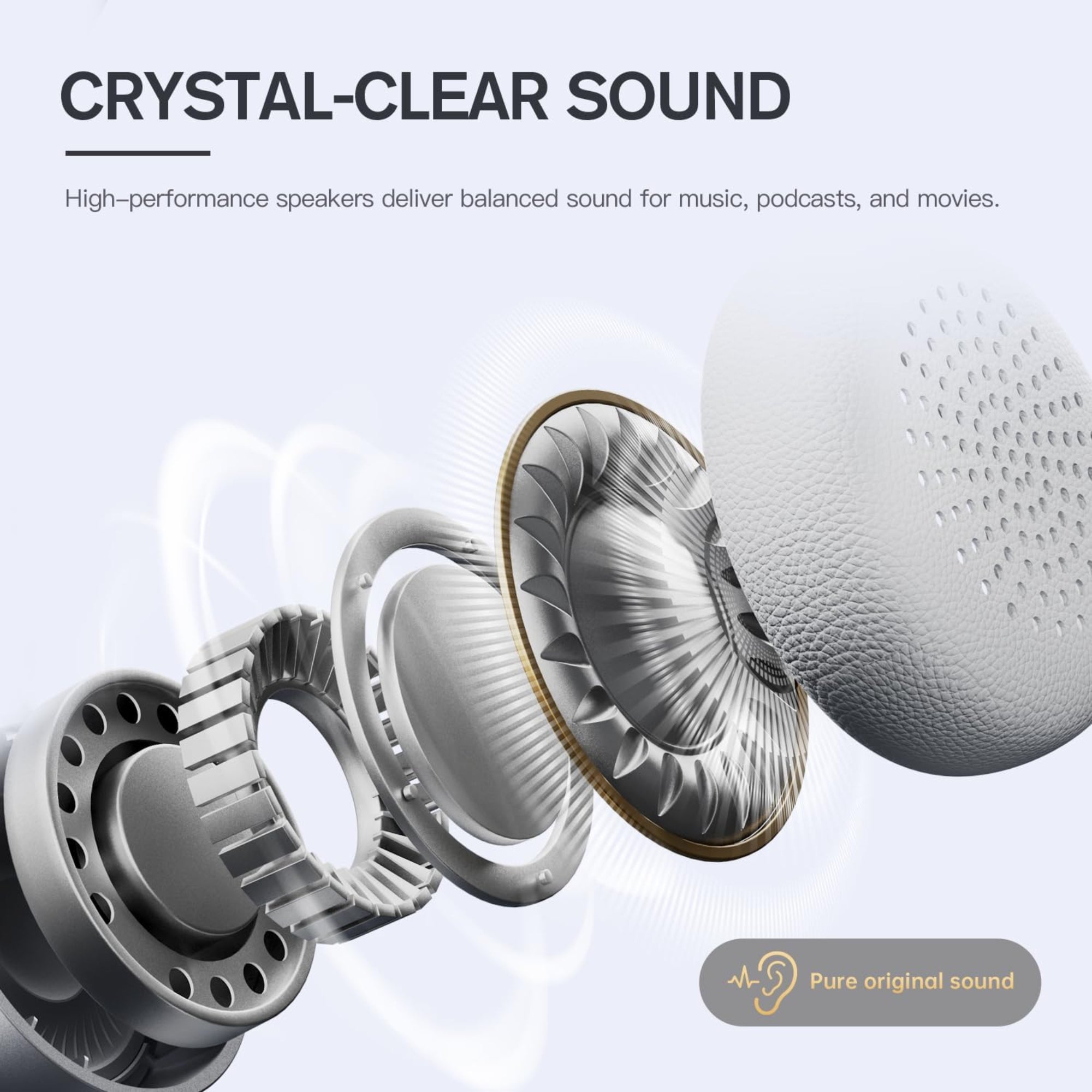 High-performance speakers with 'Crystal-Clear Sound' text on a light gray background