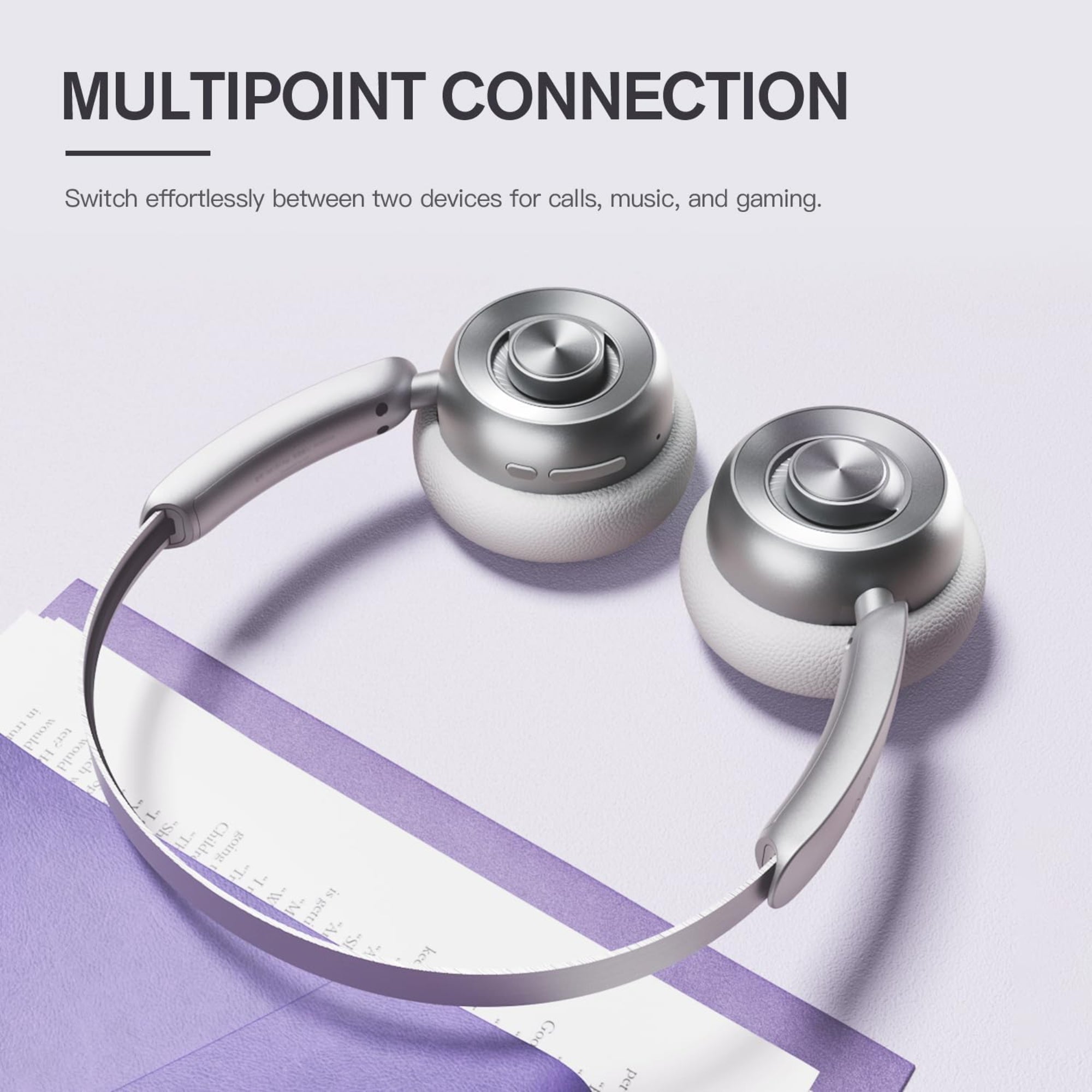 Wireless headphones with multipoint connection feature on a light purple background