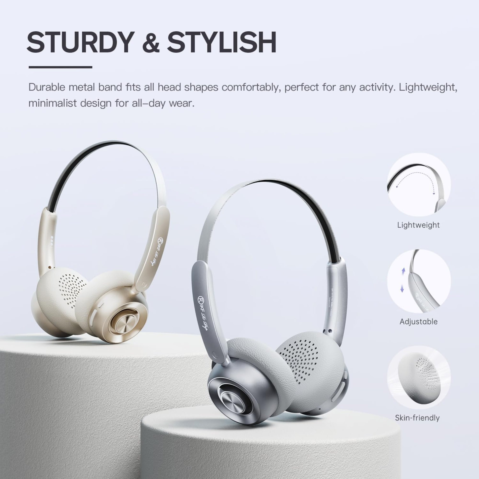 Headphones on a white background with text highlighting features