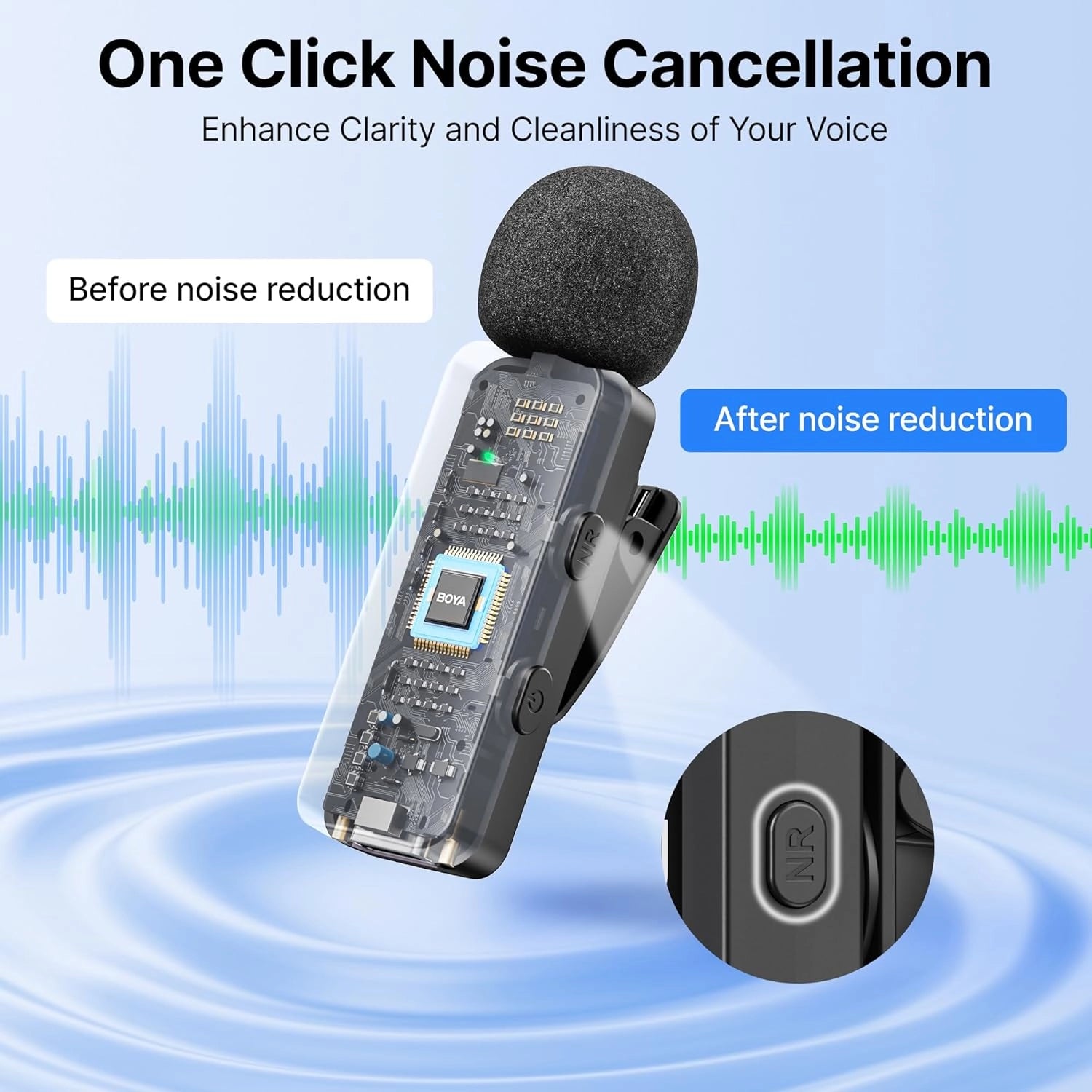 Voice recorder with noise cancellation feature on a blue background