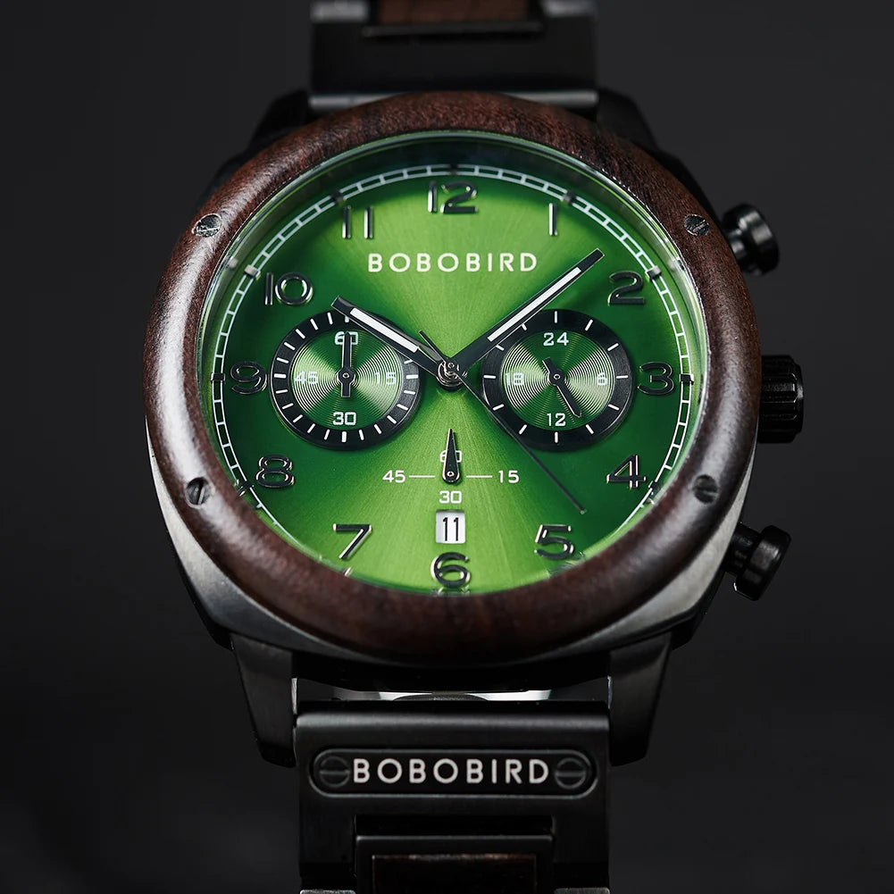 Bobo Bird chronograph watch with a green dial, dark wood bezel, and black metal case on a dark background.