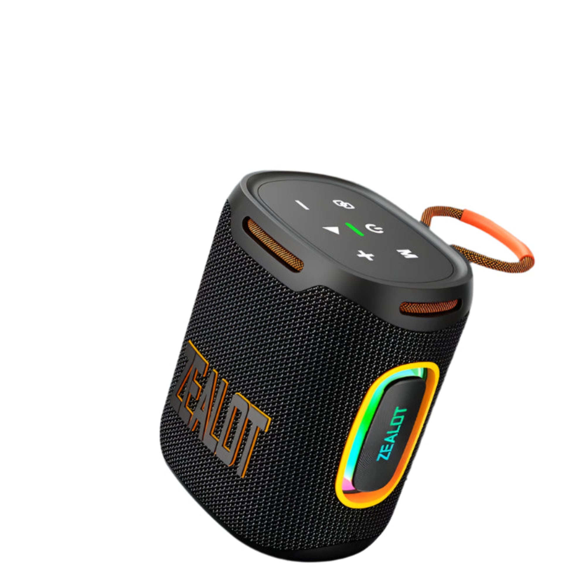 A portable wireless speaker with a blue fabric exterior, orange accents, and the brand name 'Zealot' visible on the front.