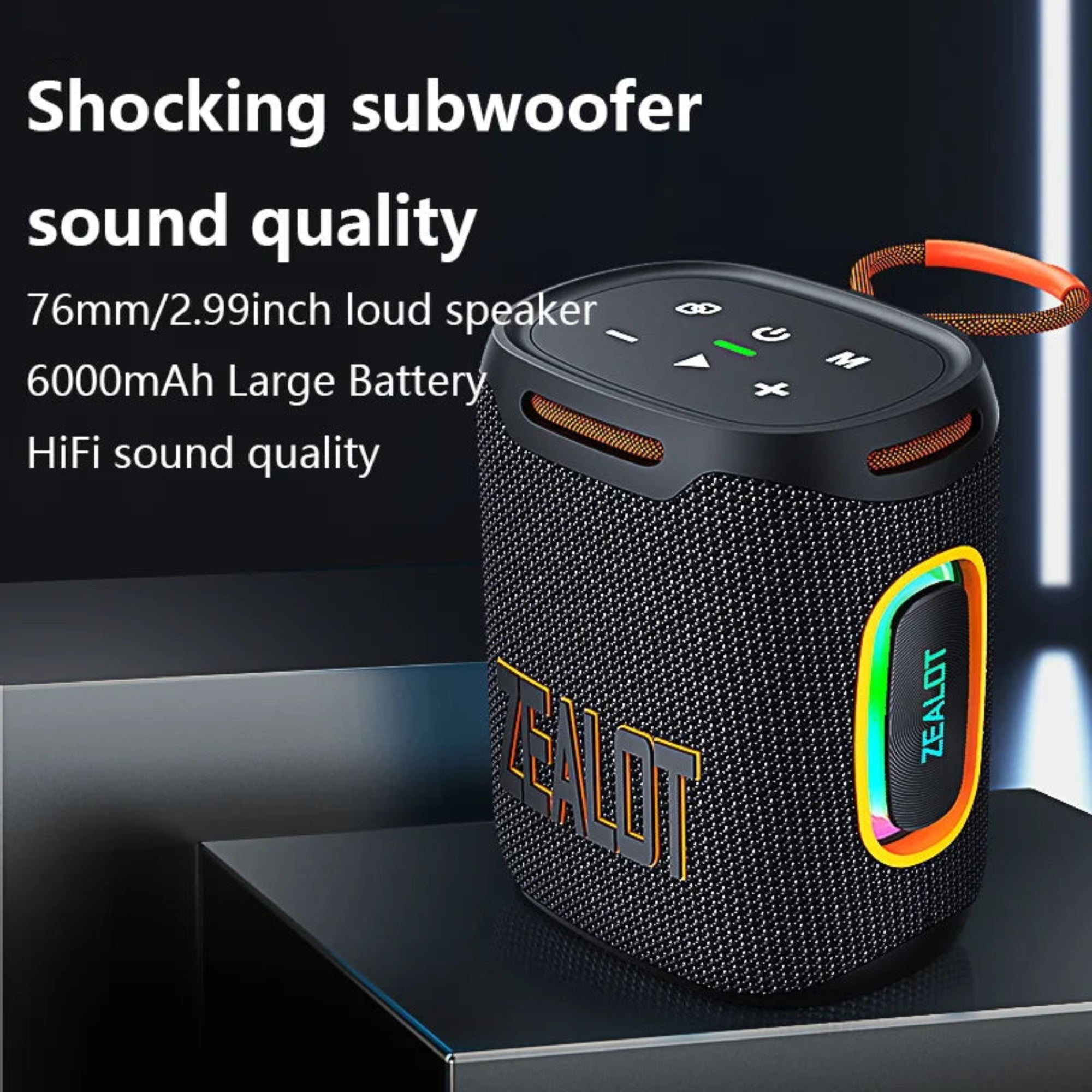 Black portable speaker with Zealot branding on a dark background