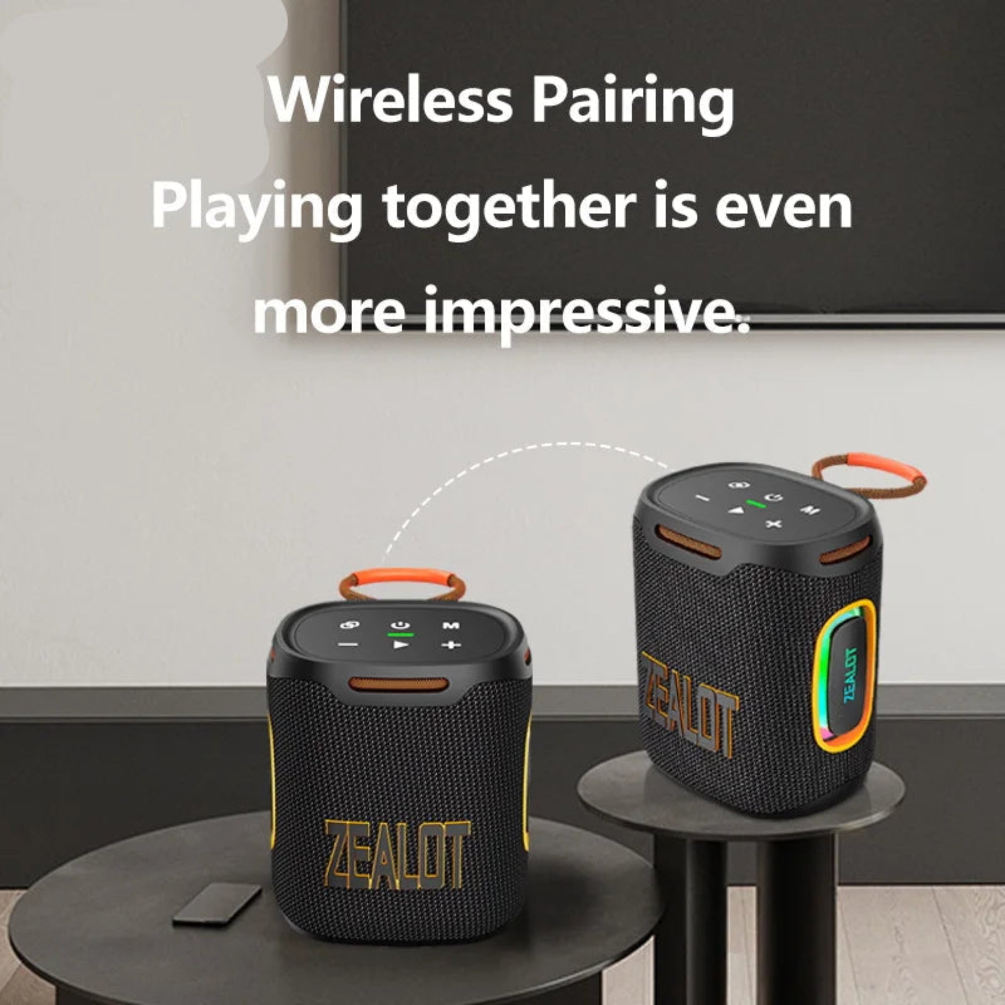 Two black Zealot Bluetooth speakers on stands with text about wireless pairing.