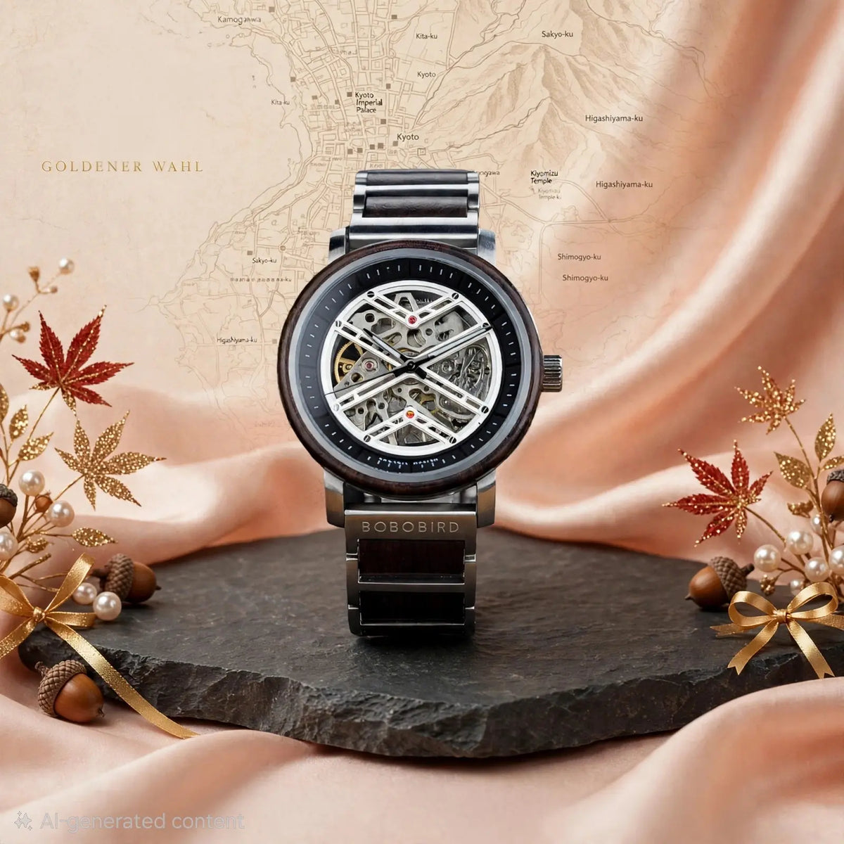 BOBO BIRD ebony wood skeleton automatic watch standing on dark slate podium with champagne silk background Kyoto Japan vintage map Kiyomizu Temple, GOLDENER WAHL text top left, gold and red glitter maple leaves pearls acorns gold satin bows - luxury autumn collection - Goldener Wahl