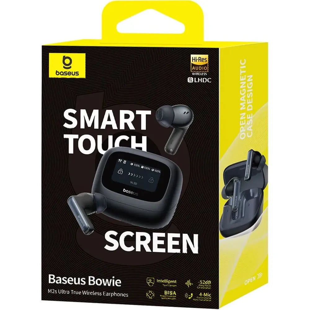 Baseus Bowie M2s Ultra True Wireless Earphones packaging with yellow and black design.