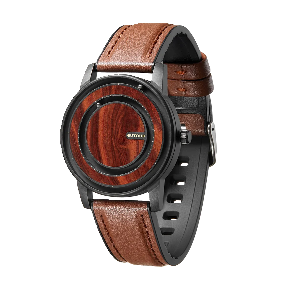 Watch with brown leather strap and wooden face on a white background