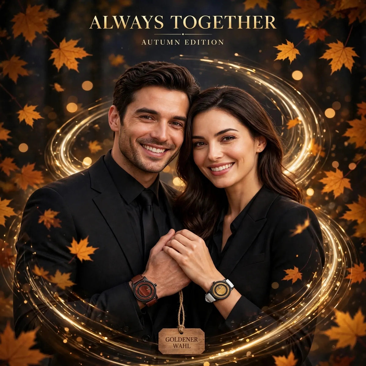 Happy couple in black outfits holding hands wearing matching EUTOUR magnetic ball watches - man brown leather, woman white leather - with ALWAYS TOGETHER AUTUMN EDITION text, golden light swirl and falling autumn maple leaves background with GOLDENER WAHL tag