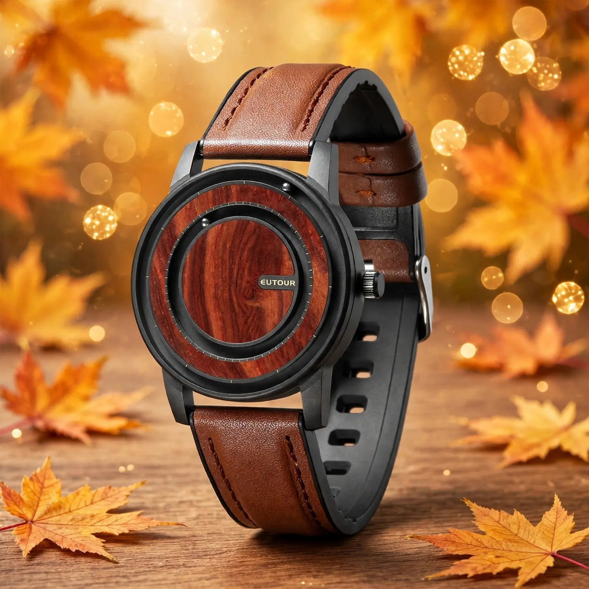 EUTOUR magnetic ball watch with reddish brown walnut wood dial and brown leather strap on wooden table with autumn maple leaves and bokeh lights background