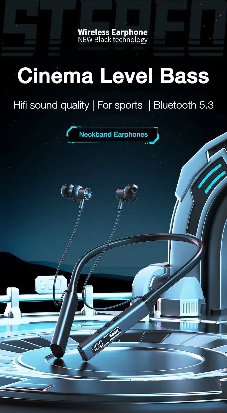 Neckband earphones with text highlighting features on a dark background