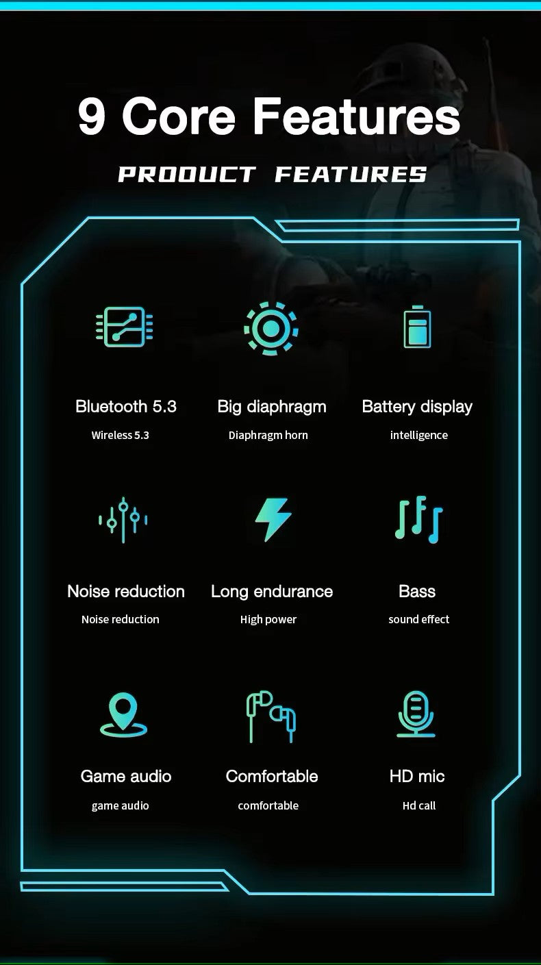 Product features of a device with icons and text on a dark background
