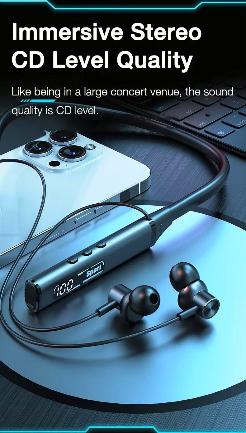 Wireless earbuds with a smartphone on a dark surface, emphasizing CD-level sound quality.