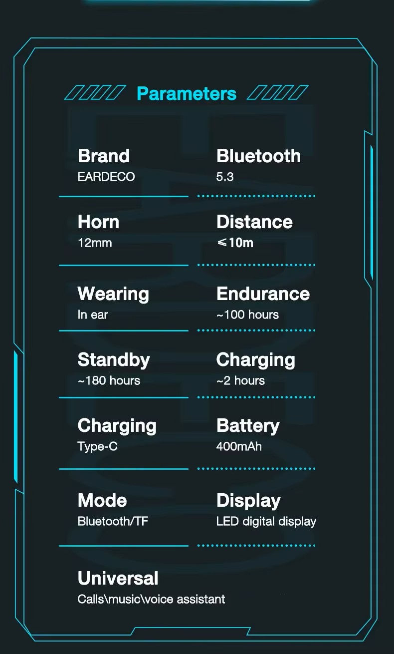 Technical specifications of a device displayed on a dark background with blue accents.