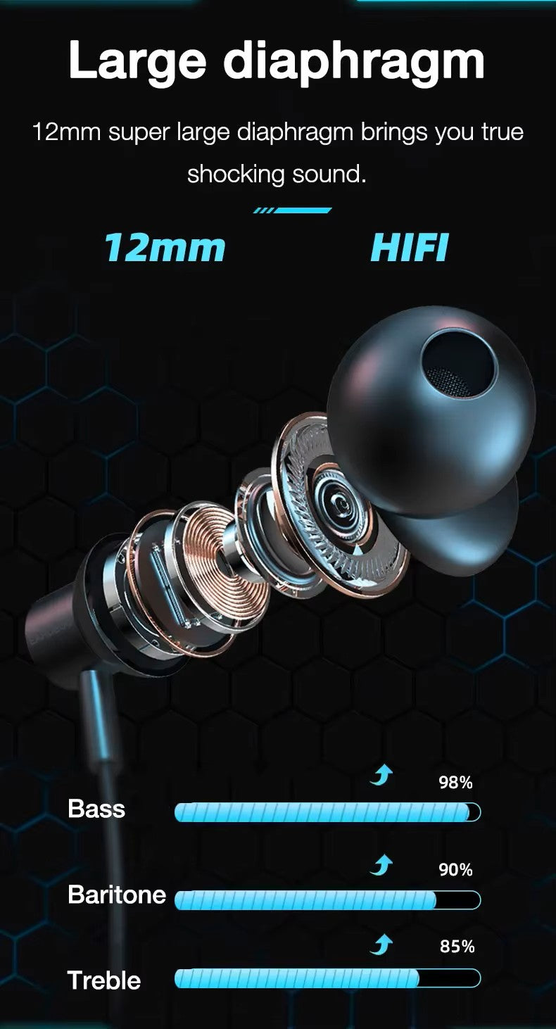 HIFI earbud with large diaphragm and technical specifications on a dark background