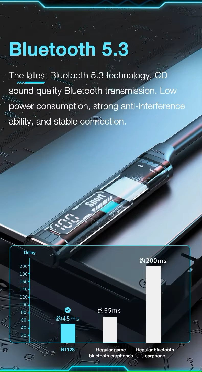 Technical specifications of a device with Bluetooth 5.3 technology on a dark background
