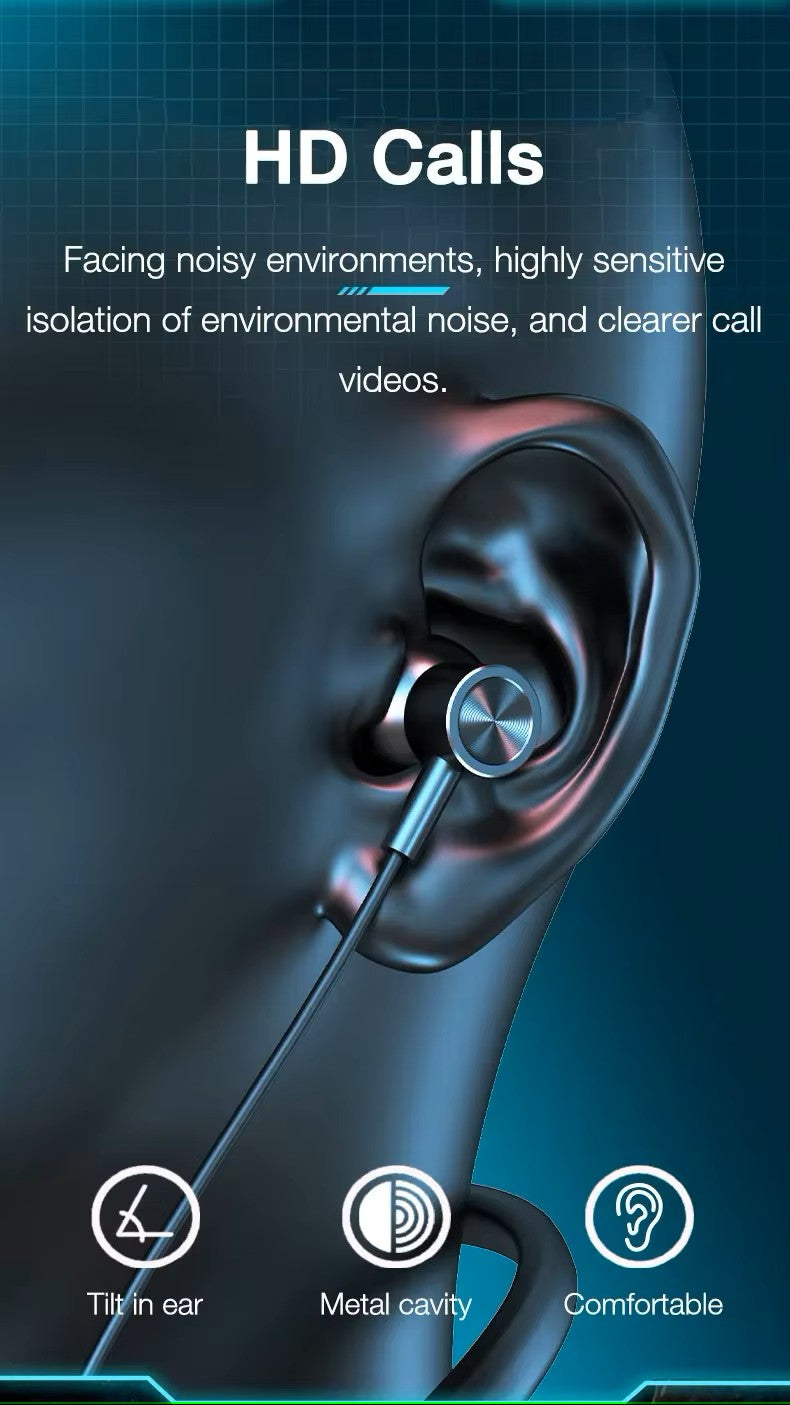 Earbud with text highlighting features like 'HD Calls', 'Tilt in ear', 'Metal cavity', and 'Comfortable'.