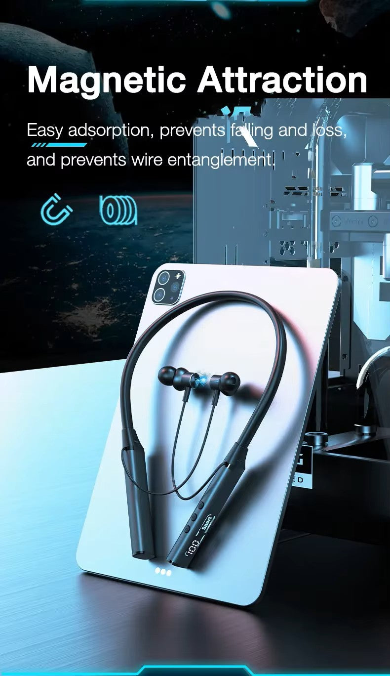 Wireless earbuds on a stand with text about magnetic attraction in a futuristic setting.