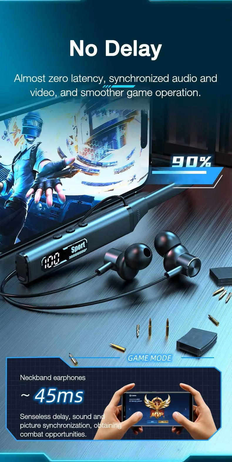 Gaming headset with neckband on a dark surface, featuring text about low latency and synchronization.