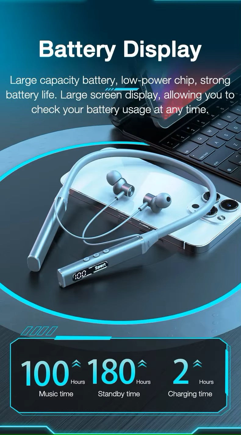 Wireless earbuds with charging case on a dark background, featuring battery display text.