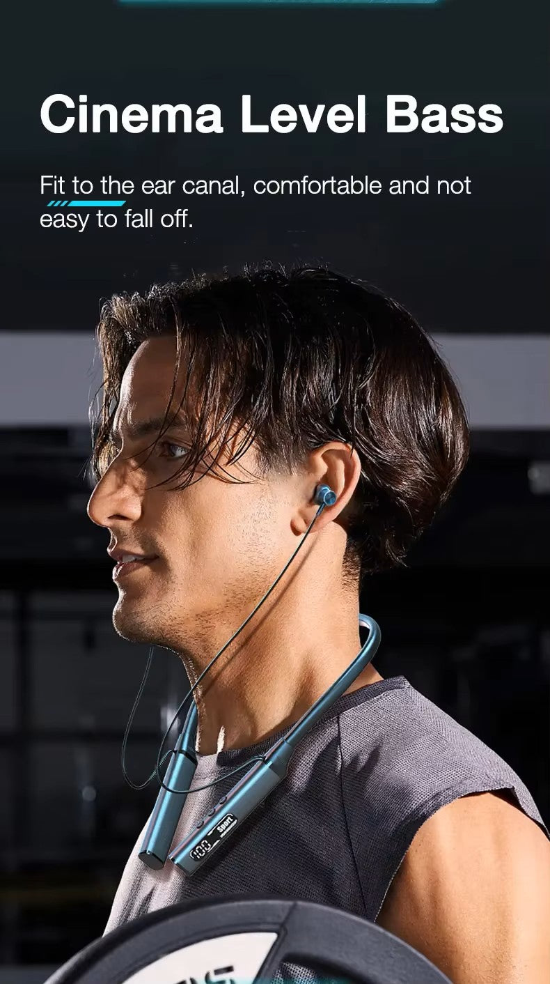 Person wearing neckband with earbud, text about cinema level bass