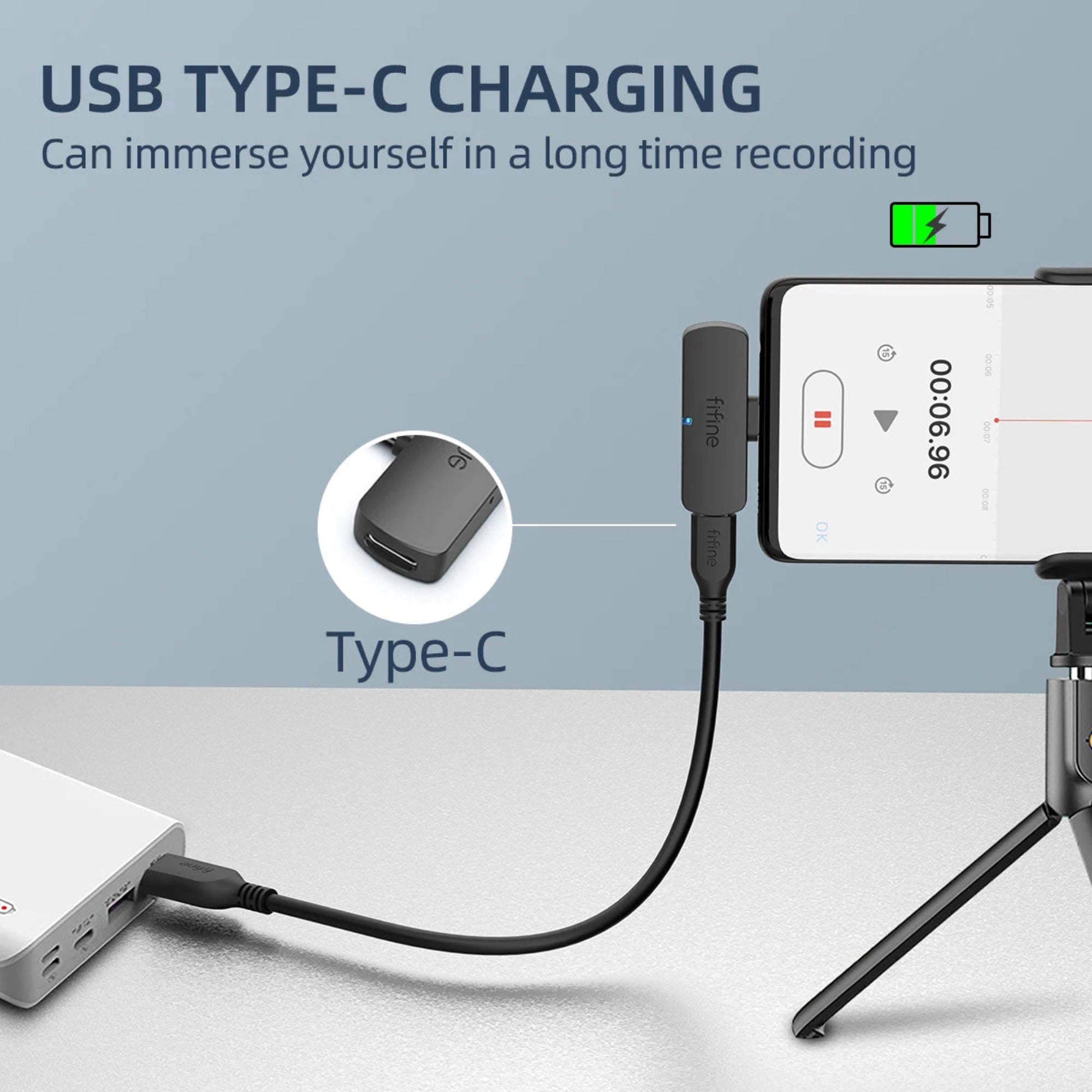 USB Type-C charging setup with smartphone, adapter, and power source on a light gray background.