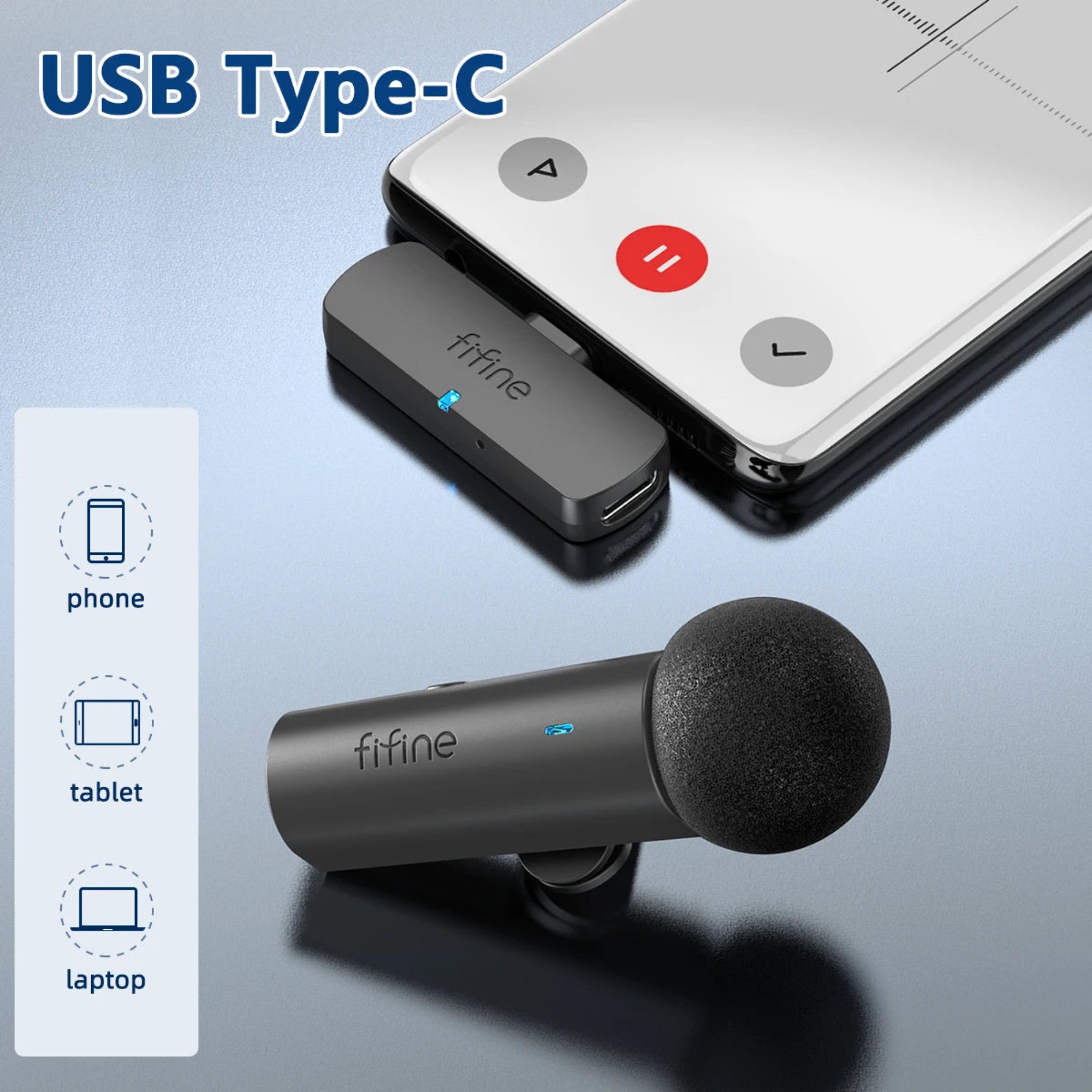 Fifine USB Type-C microphone and receiver with smartphone on a light blue background