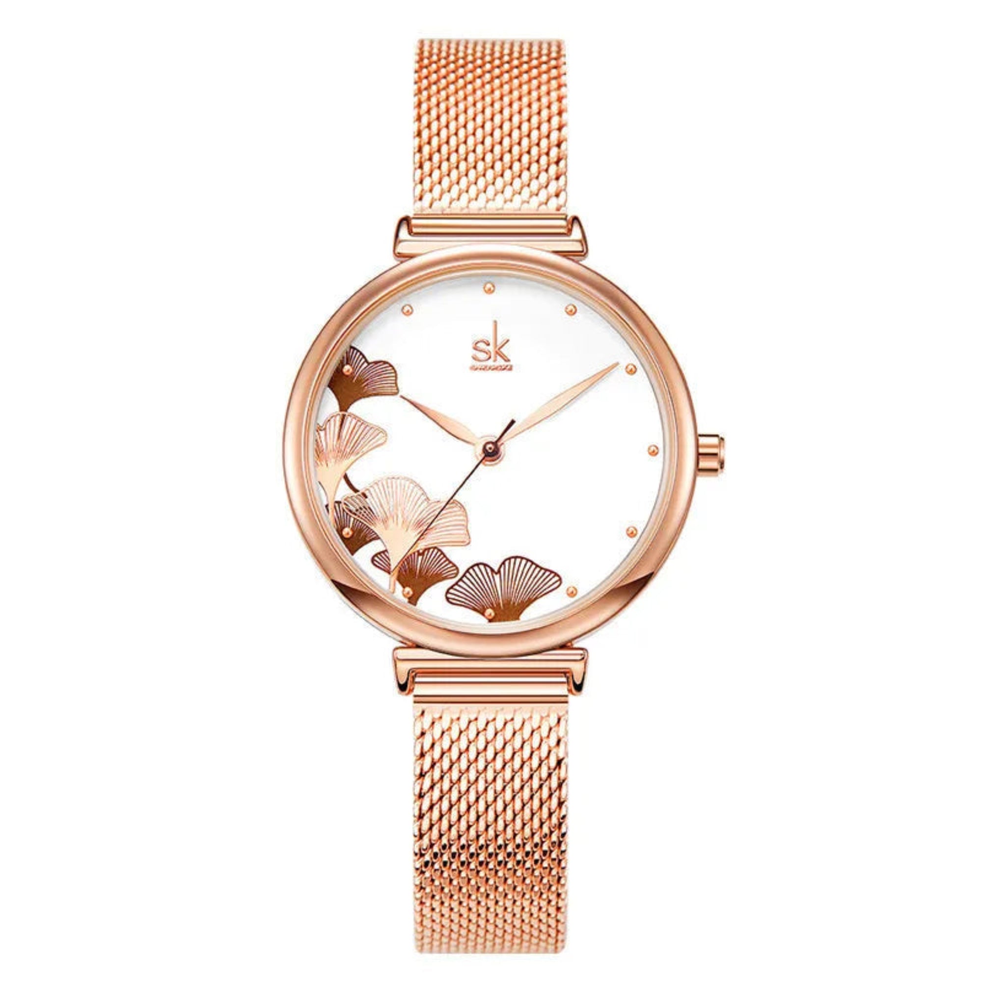 A woman's wristwatch with a brown mesh band and a rose gold case, featuring a floral pattern on the dial.