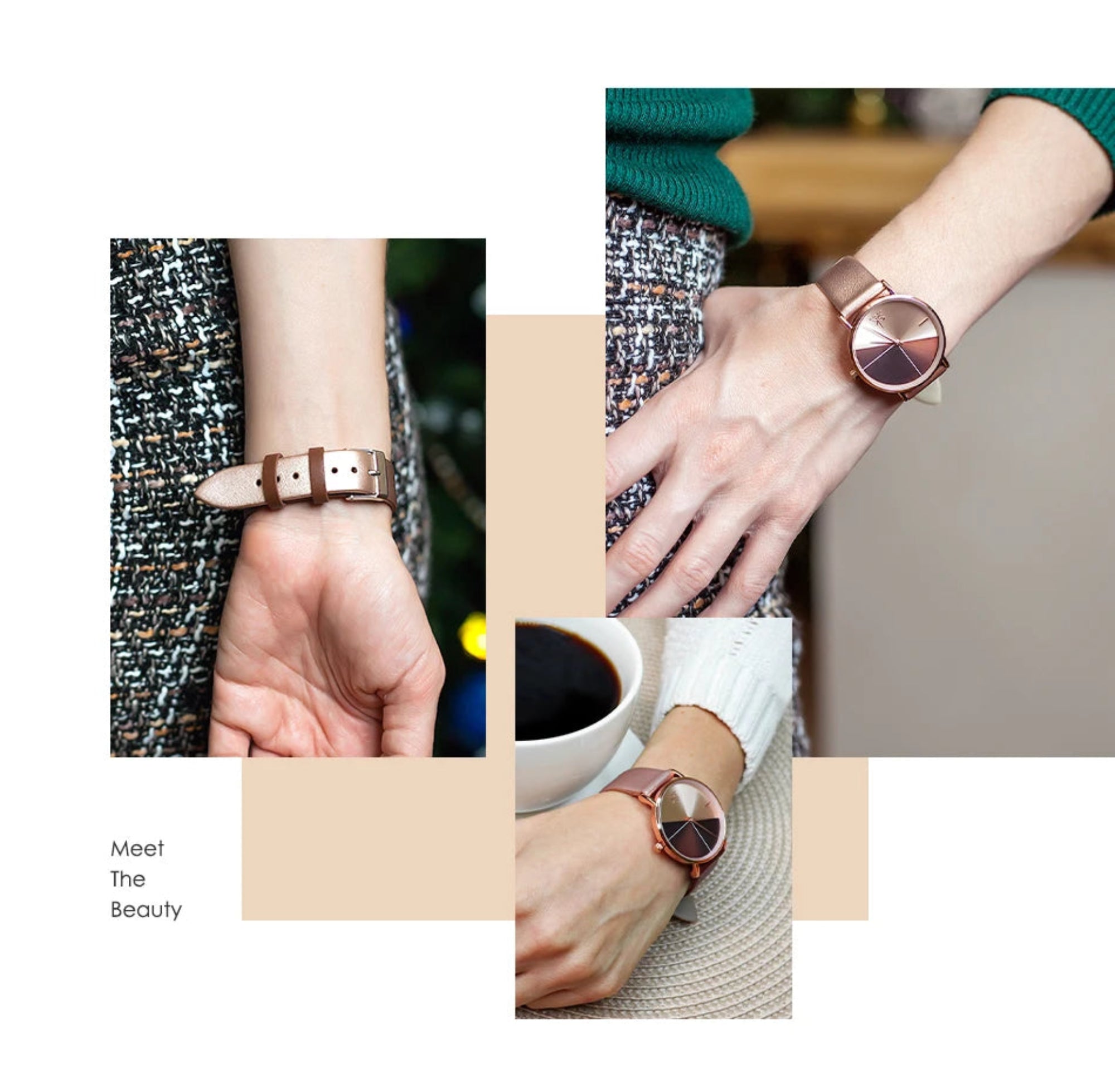 Collage of a person wearing a rose gold watch with close-up shots on a neutral background.