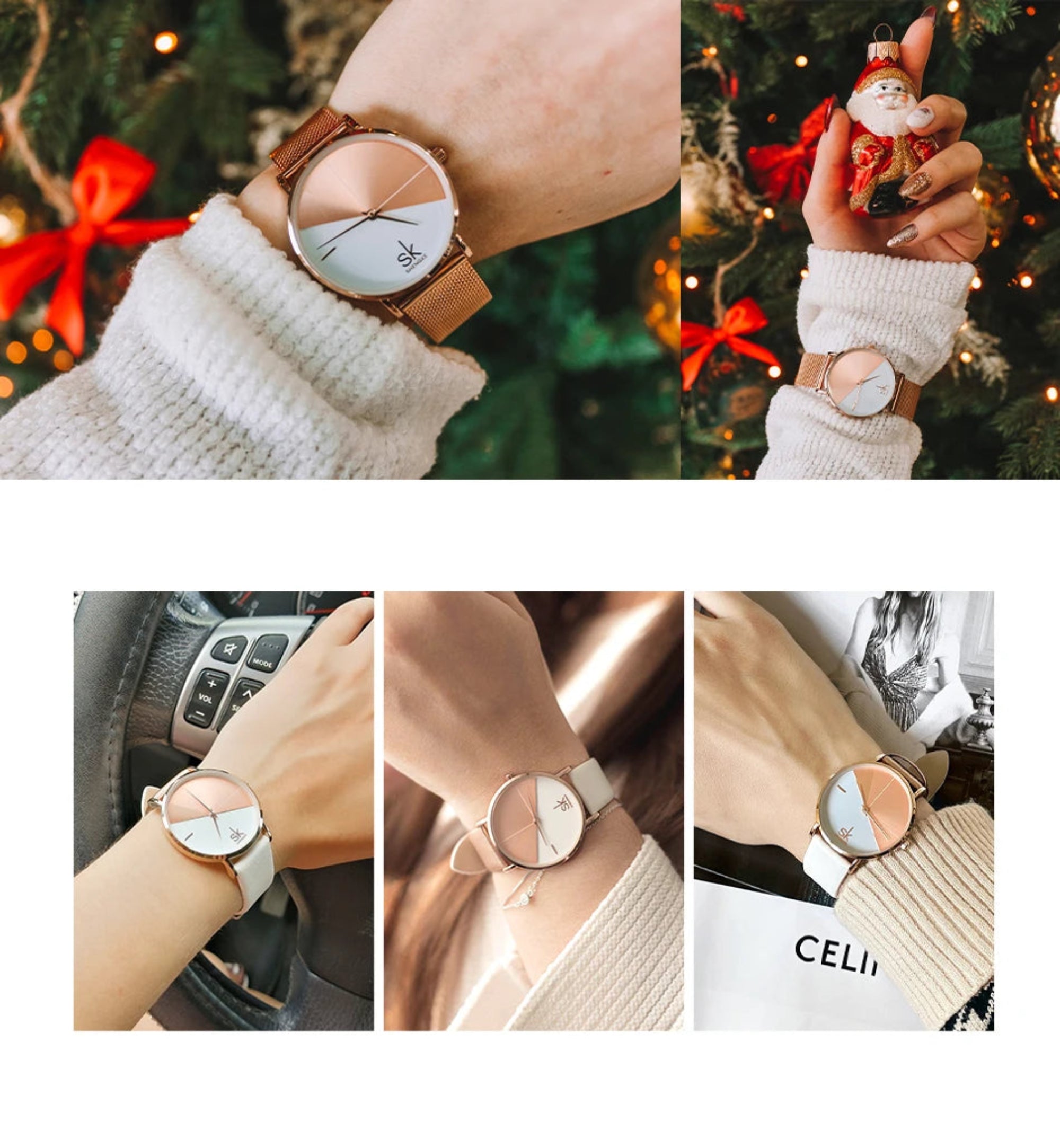 Collage of a person wearing a watch with a Christmas tree in the background