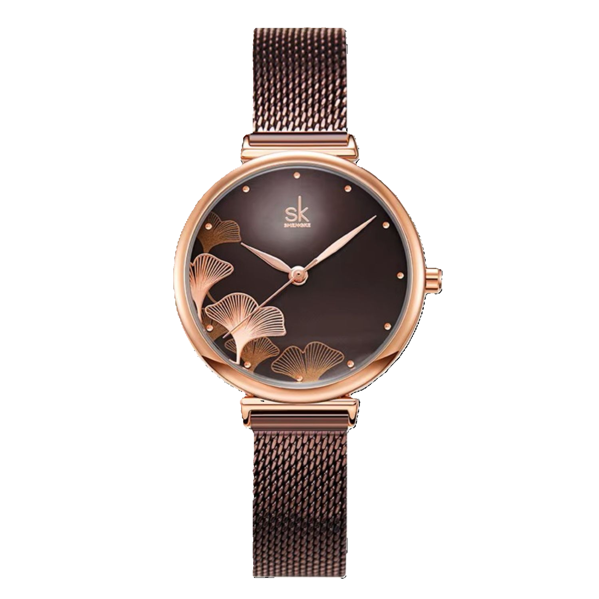 Rose gold watch with floral design on a black background