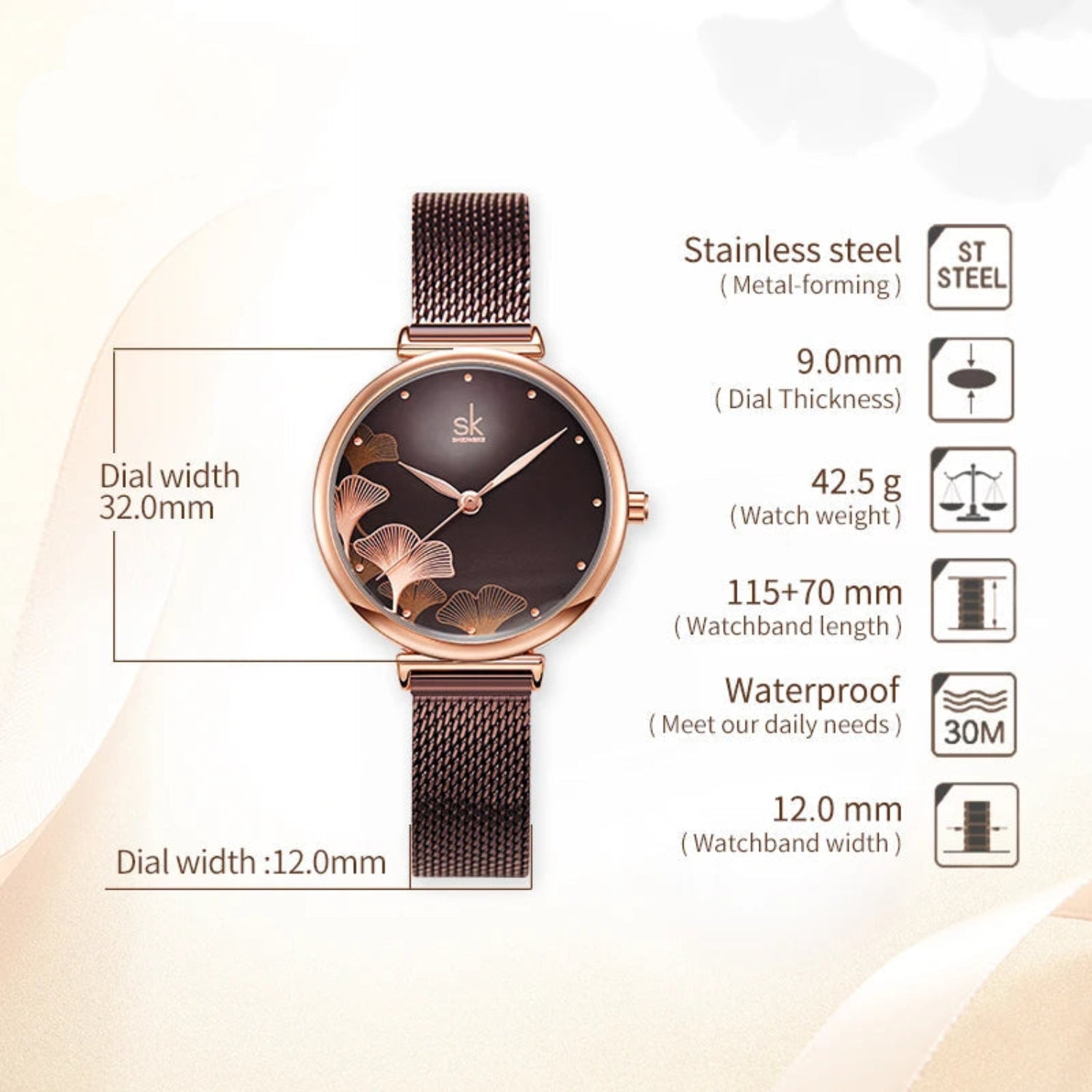 Shengke Women's Watch - Creative Brown Mesh Band.