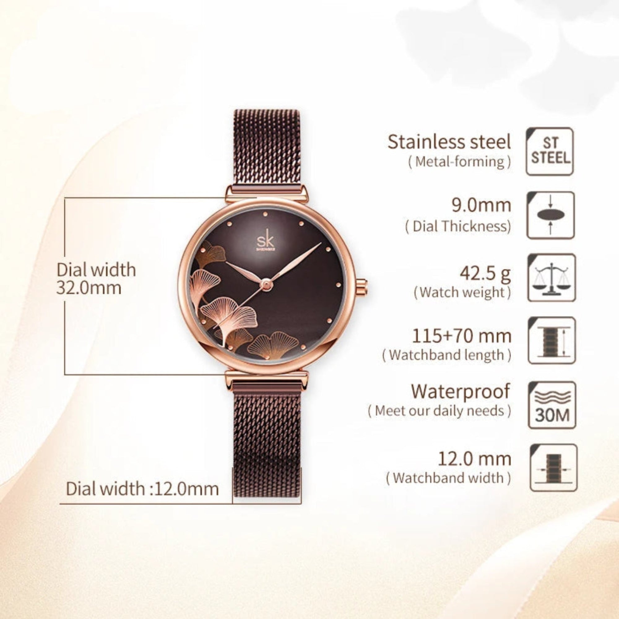 Rose gold watch with floral design on dial, featuring technical specifications.
