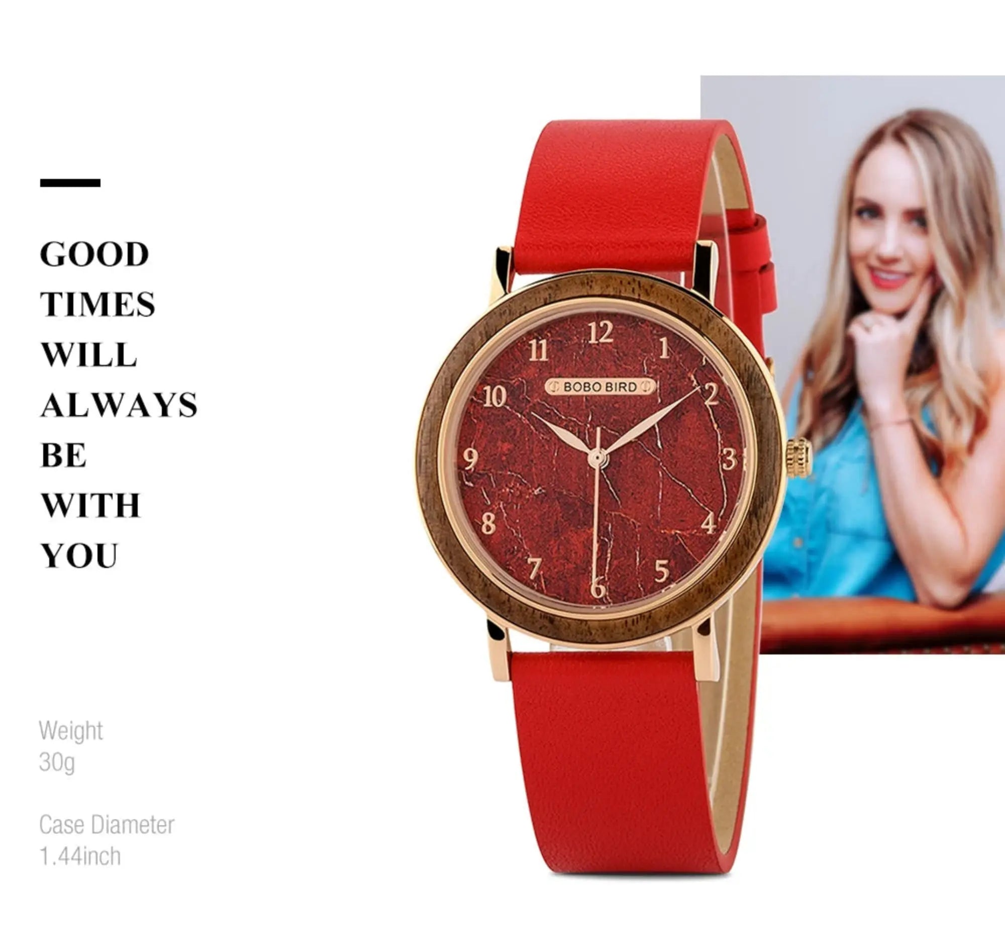 Red watch with gold accents on a white background, featuring text and a blurred image of a woman.