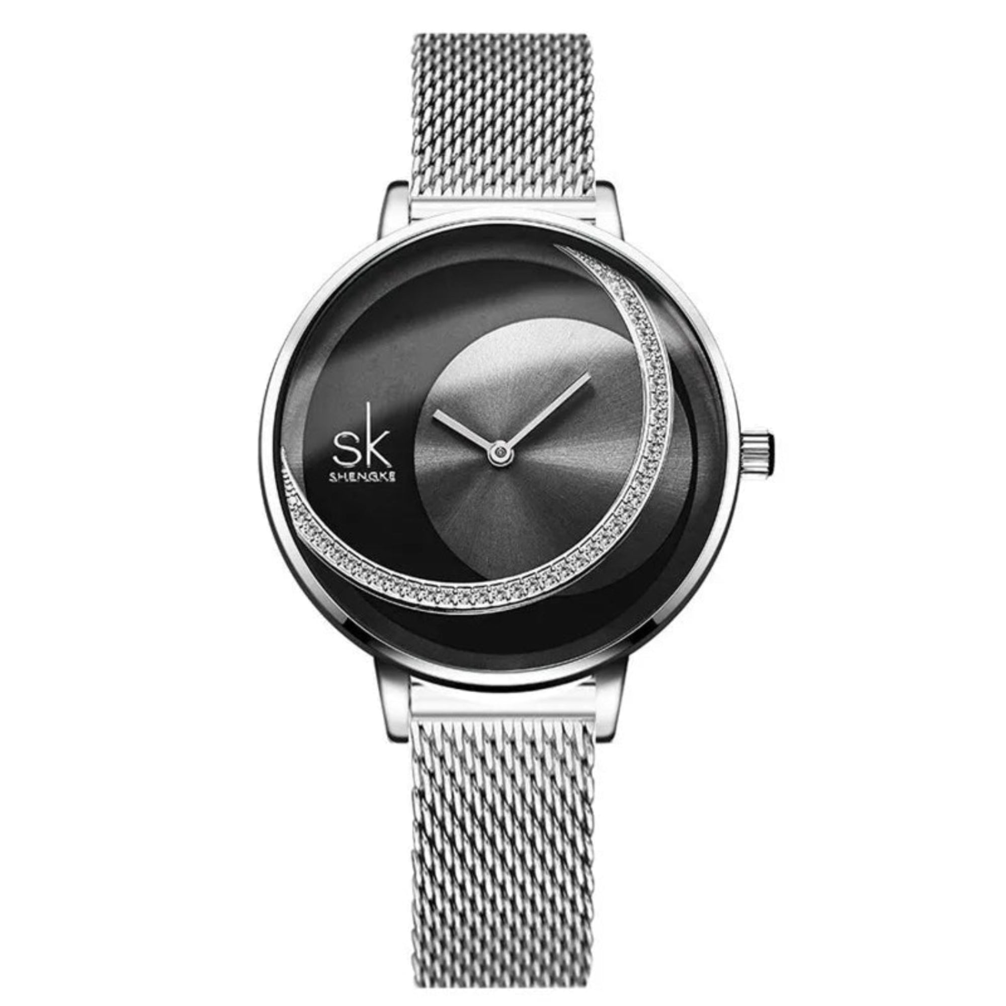 A woman wearing a Shengke brand analog watch with a silver case and a black mesh band.