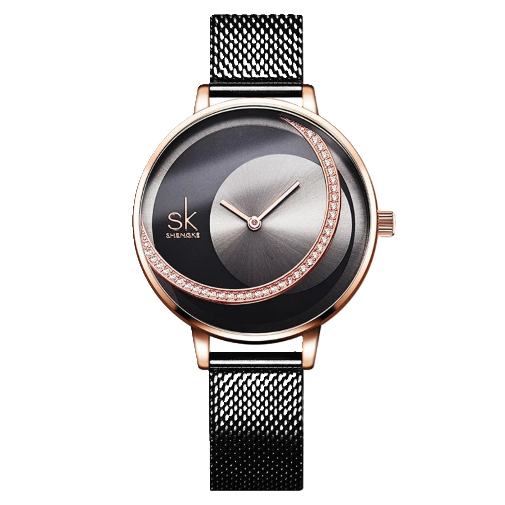 Luxury watch with black face and rose gold accents on a white background