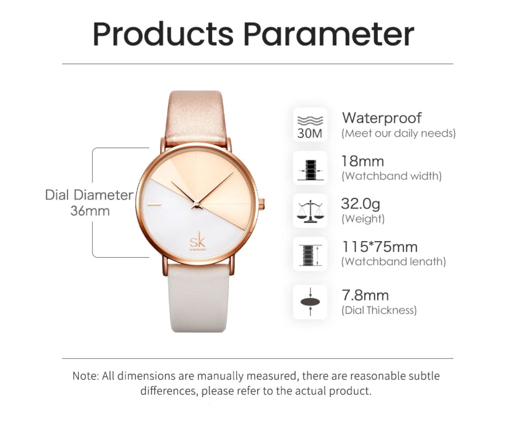 Watch with product parameters on a white background