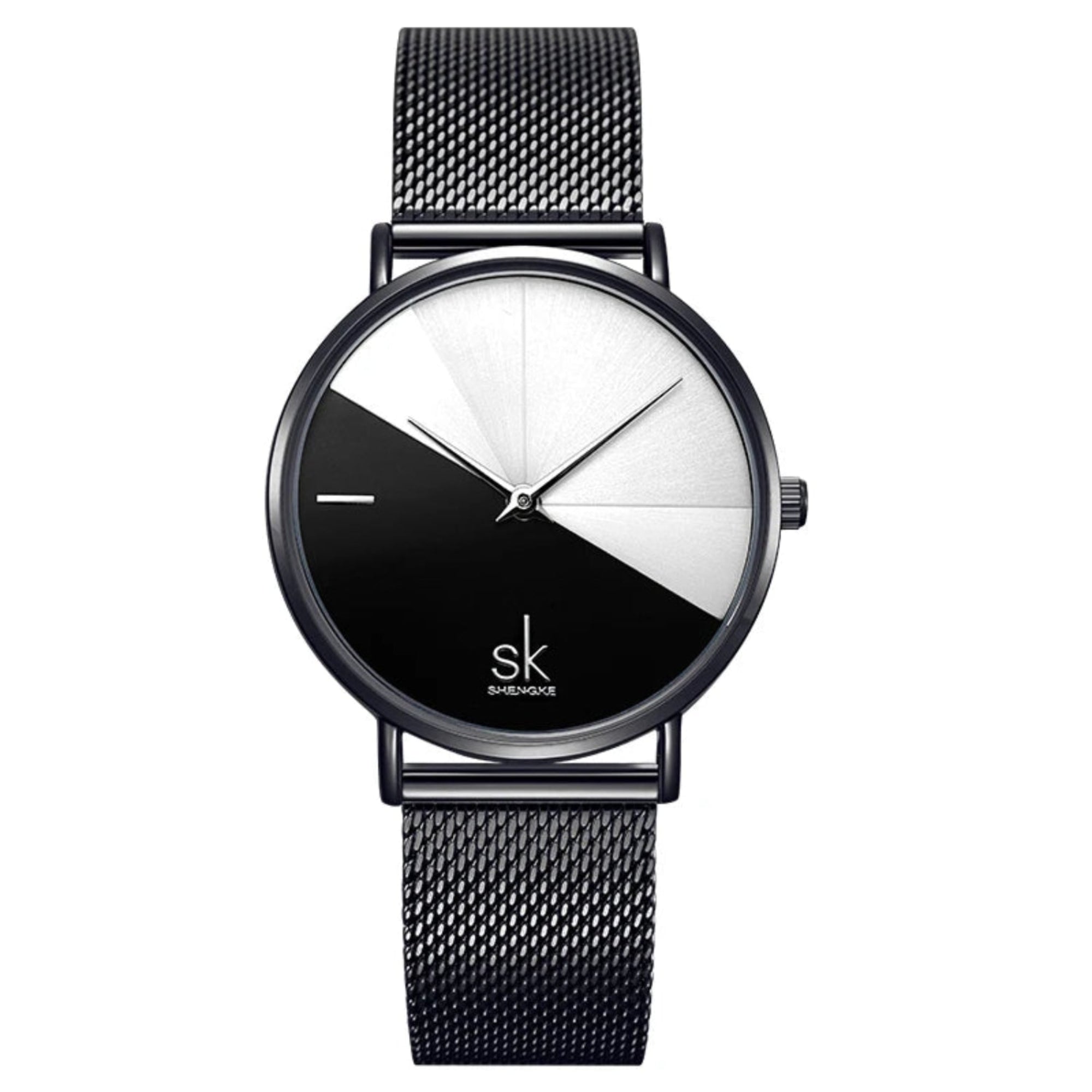 A woman wearing a Shengke quartz wristwatch with a Black case and a Black leather strap.