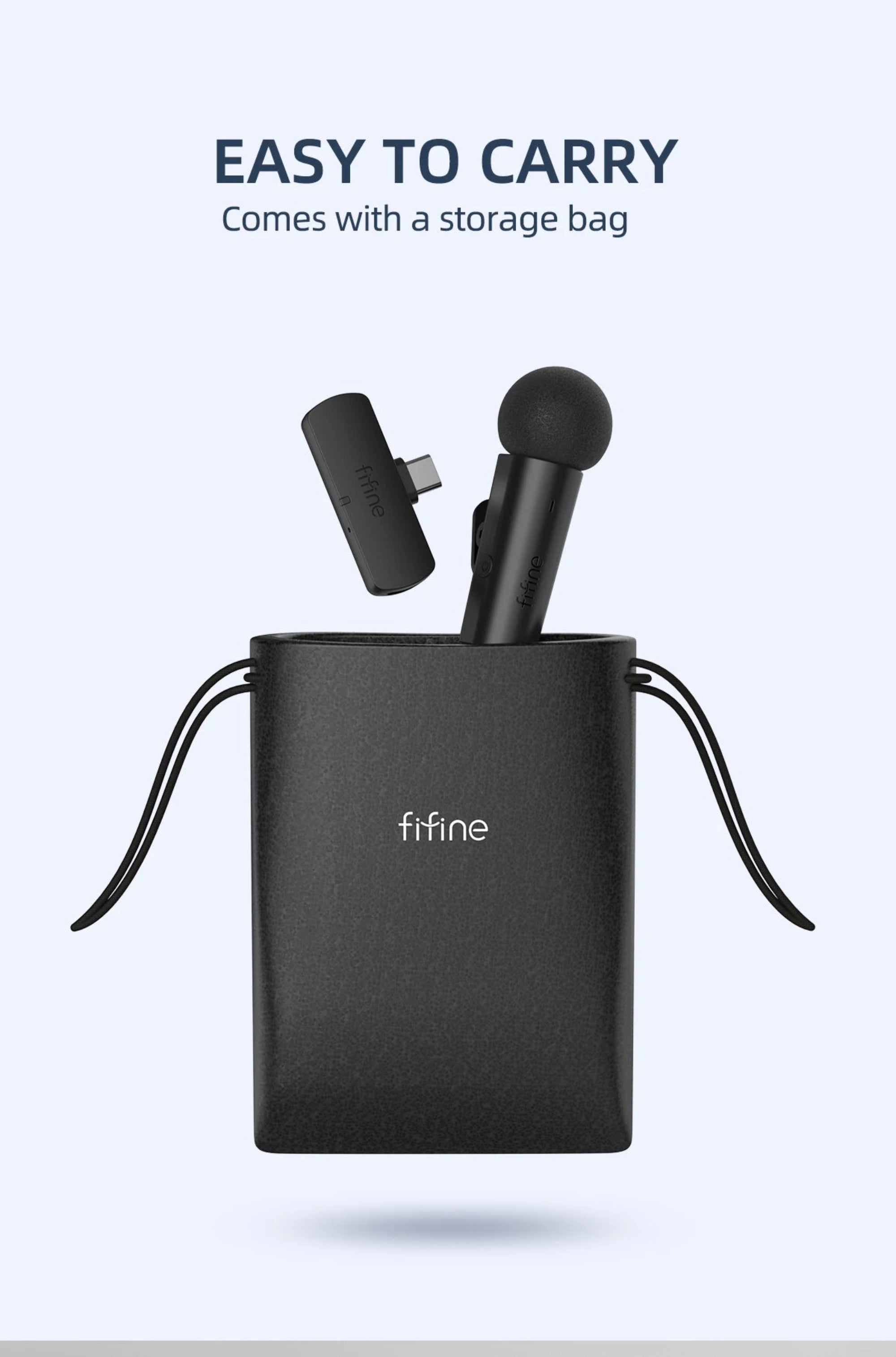 Black electronic device with accessories on a light gray background, featuring the brand 'fifine'.