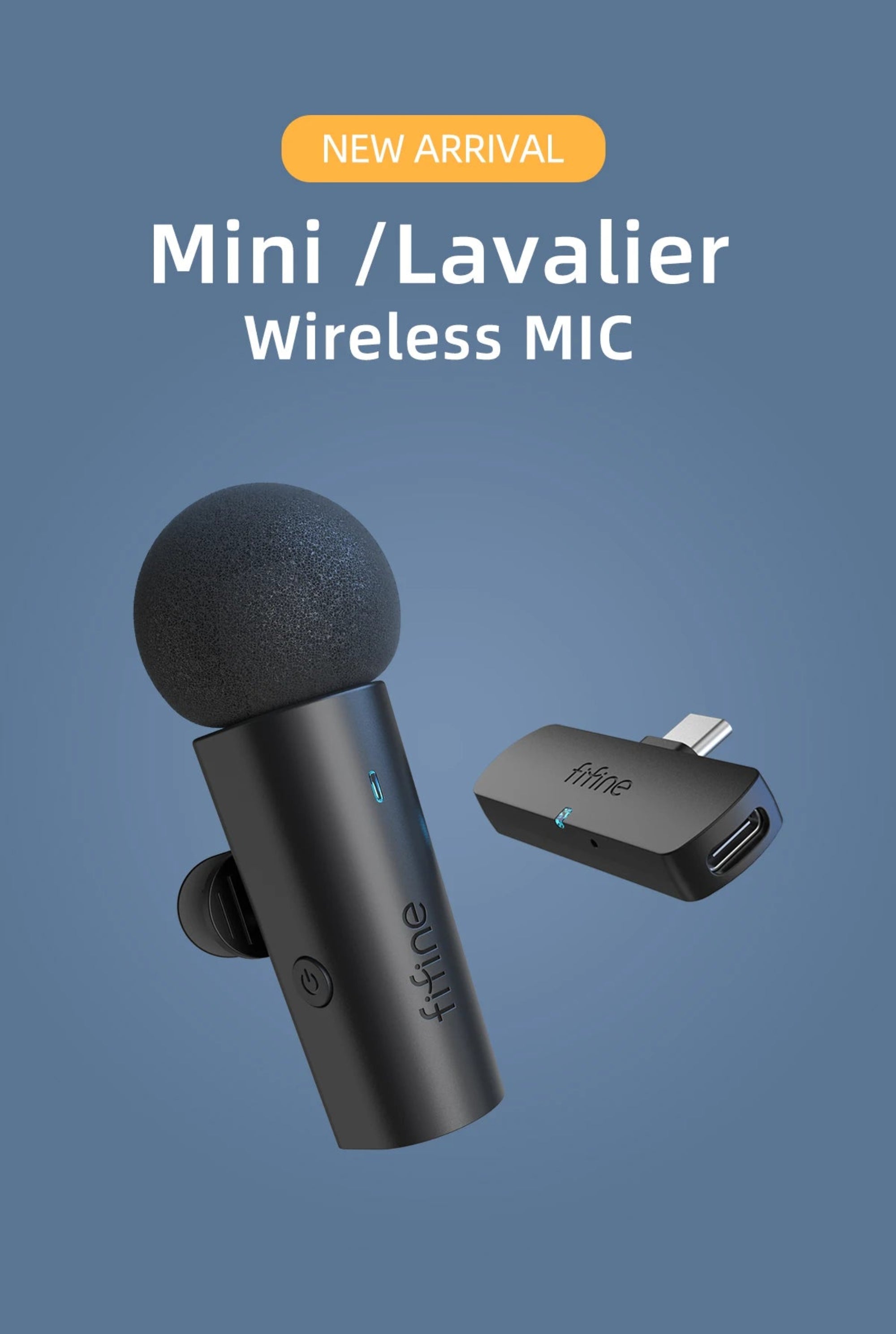 Mini/lavalier wireless microphone with receiver on a blue background