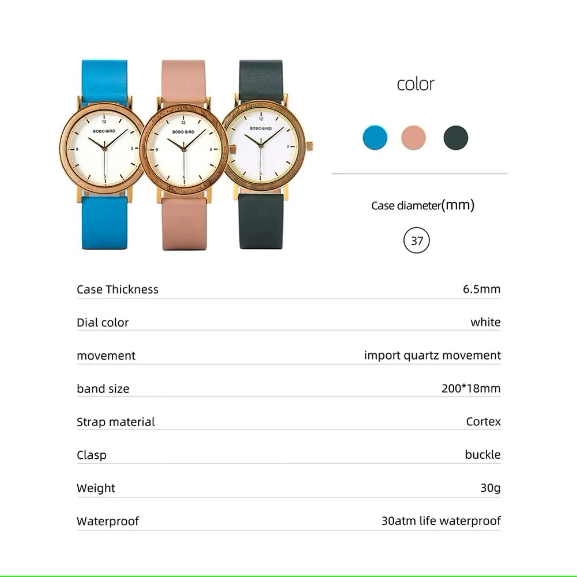Three watches with different colored straps on a white background, accompanied by product specifications.