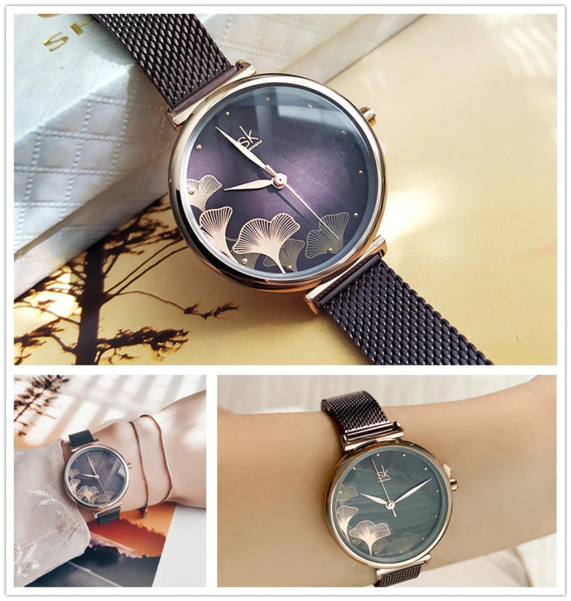 Collage of a watch with floral design on the face, placed on a surface with a blurred background.