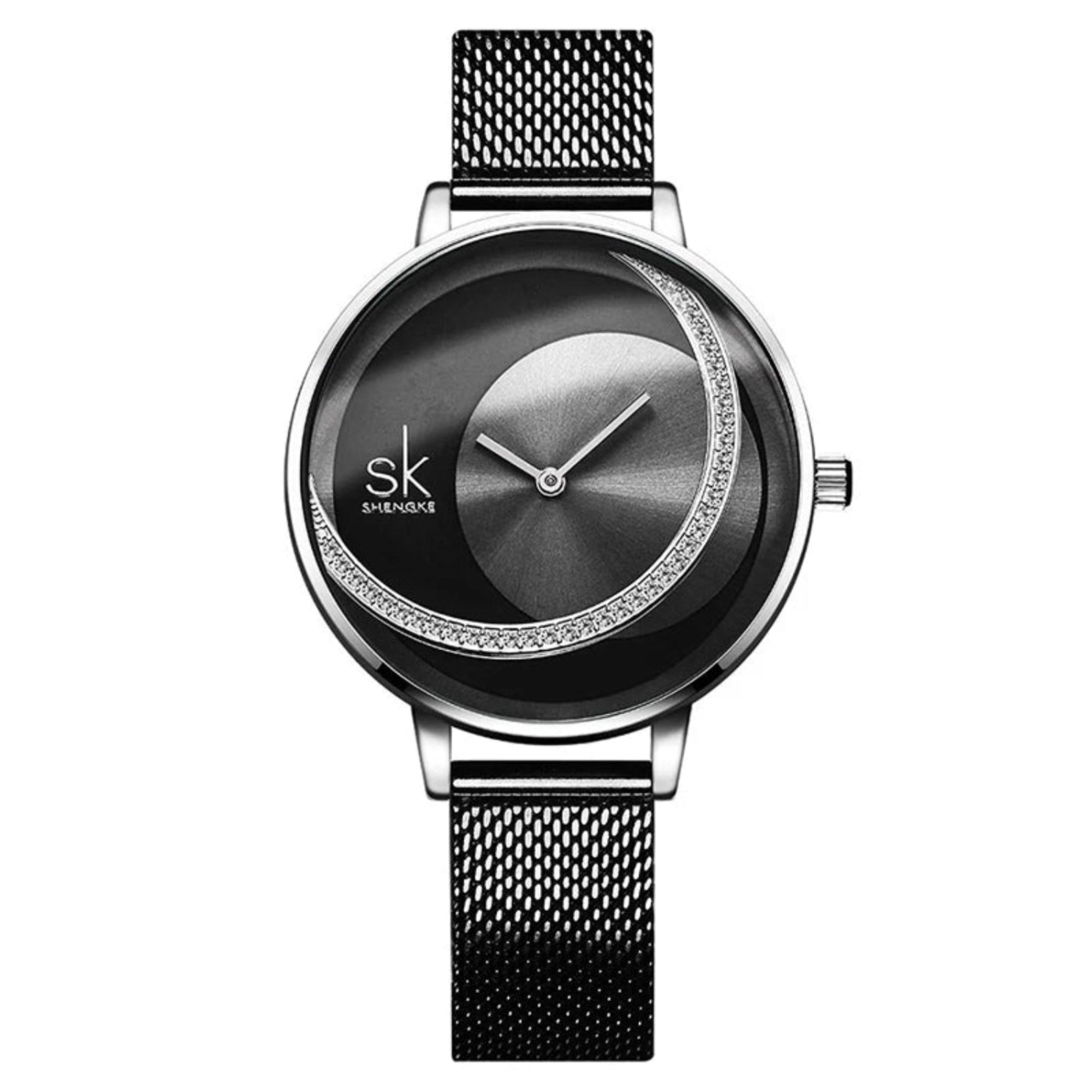 A woman wearing a Shengke brand analog watch with a rose gold case and a black mesh band.