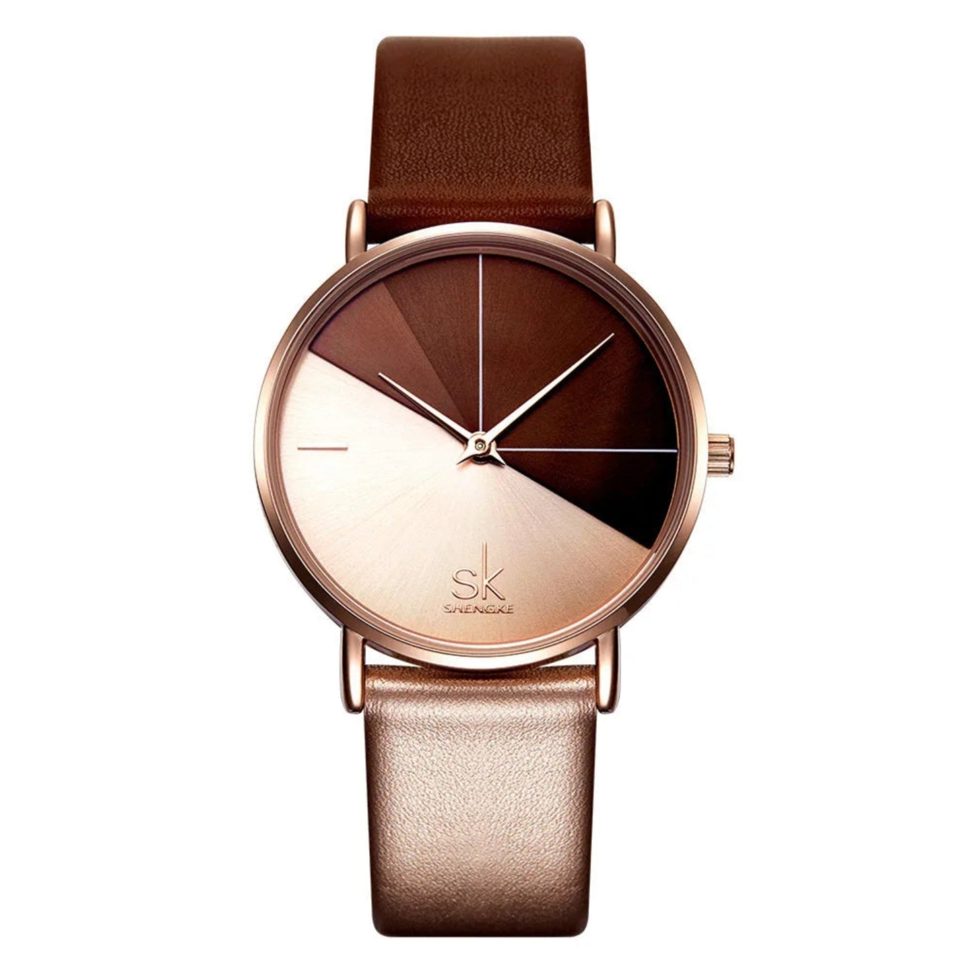 A woman wearing a Shengke quartz wristwatch with a rose gold case and a brown leather strap.