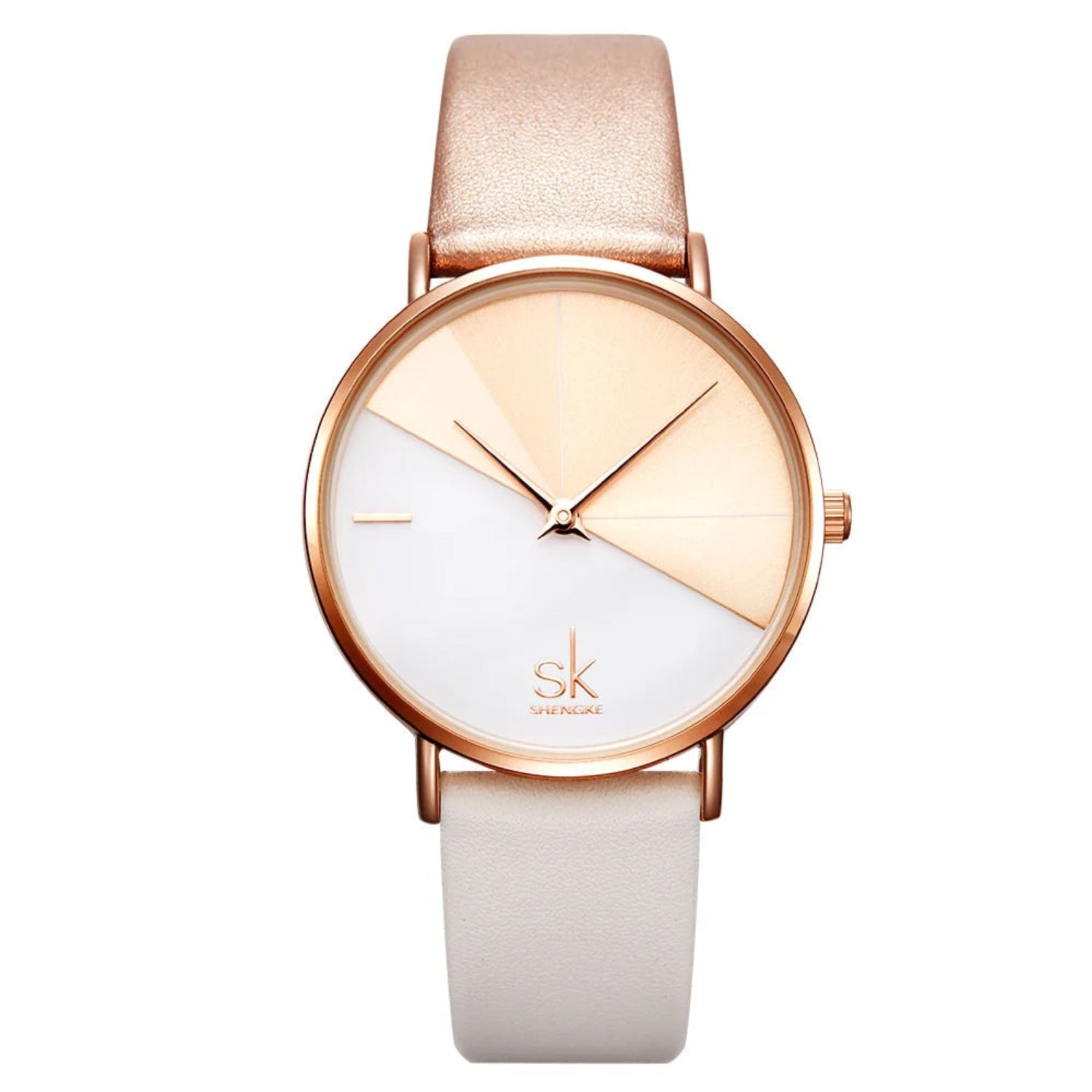 A woman wearing a Shengke quartz wristwatch with a rose gold case and a brown leather strap.